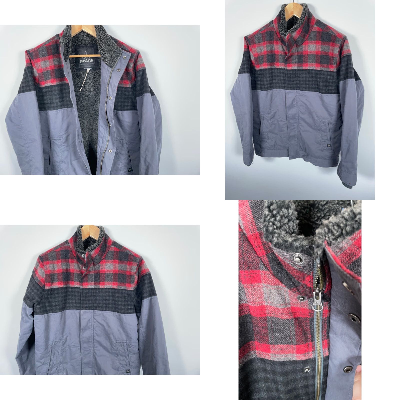 Prana prAna Jacket Men M Gray Cotton Red Plaid Wool Shell Sherpa Lined Zip Bomber Size US M / EU 48-50 / 2 - 9 Thumbnail