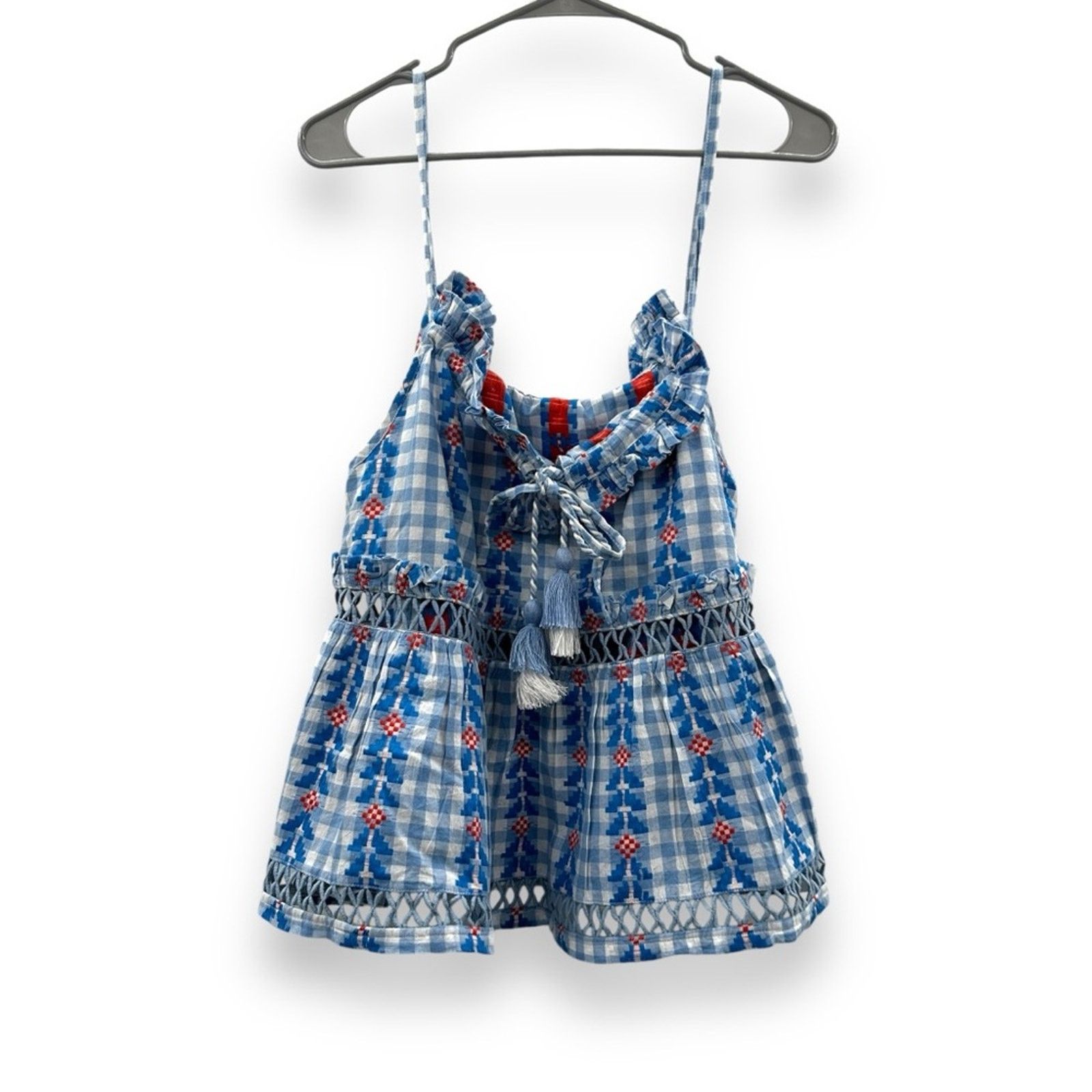 Dodo Bar Or DoDo Bar Or Blue & White Gingham Print Tie Tassel Top Sz M Size M / US 6-8 / IT 42-44 - 3 Thumbnail