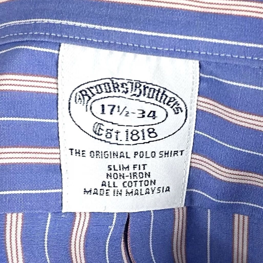 Brooks Brothers Brooks Brothers Dress Shirt Slim 17.5 34 Non-Iron Striped Button-Down Blue Red White, 100% Cotton, Regular, Mens Size 48R - 3 Thumbnail