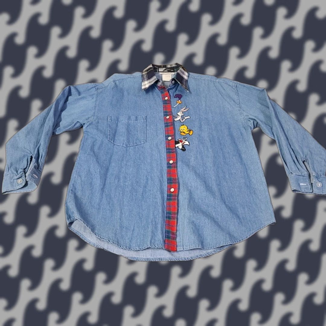 Denime VINTAGE Top Line USA Denim Button-Up Long Sleeve M Blue Embroidered Looney Tunes Collared Plaid Women Size M / US 6-8 / IT 42-44 - 1 Thumbnail
