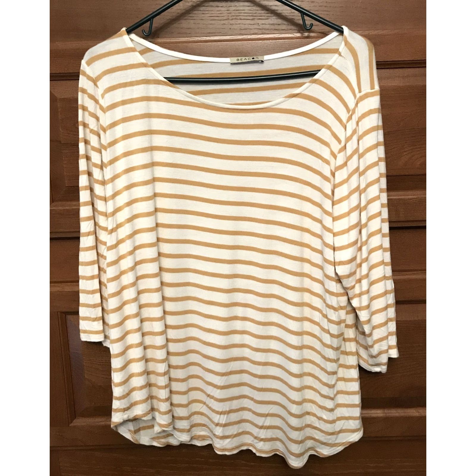 Vintage Beacon Women Top 1X 3/4 Sleeve Tan And White Striped Blouse B694 Size XL / US 12-14 / IT 48-50 - 2 Thumbnail
