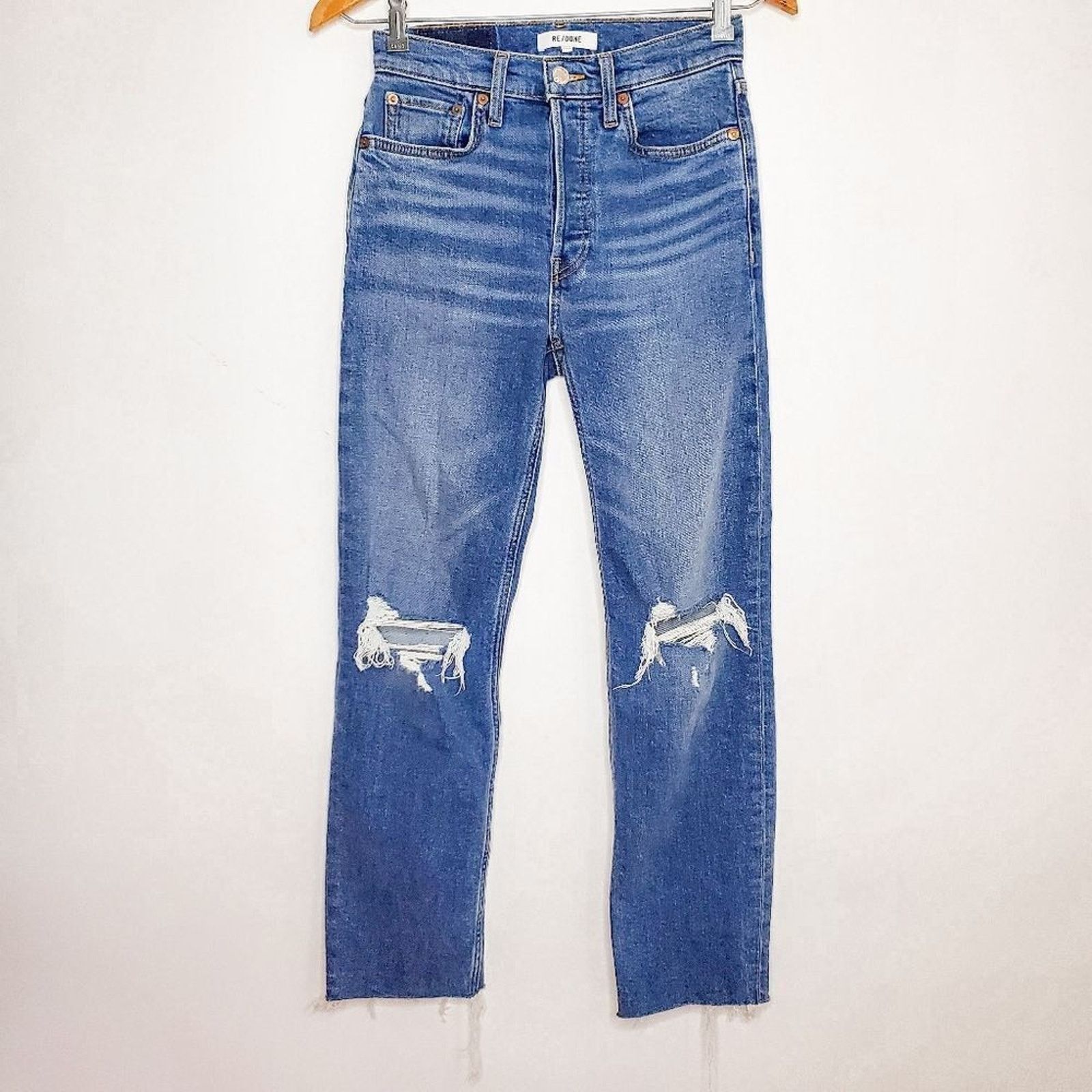 RE/DONE Re/Done 70s High Rise Stove Pipe Distressed Jeans Size 25 Size 25" / US 0 / IT 36 - 2 Thumbnail