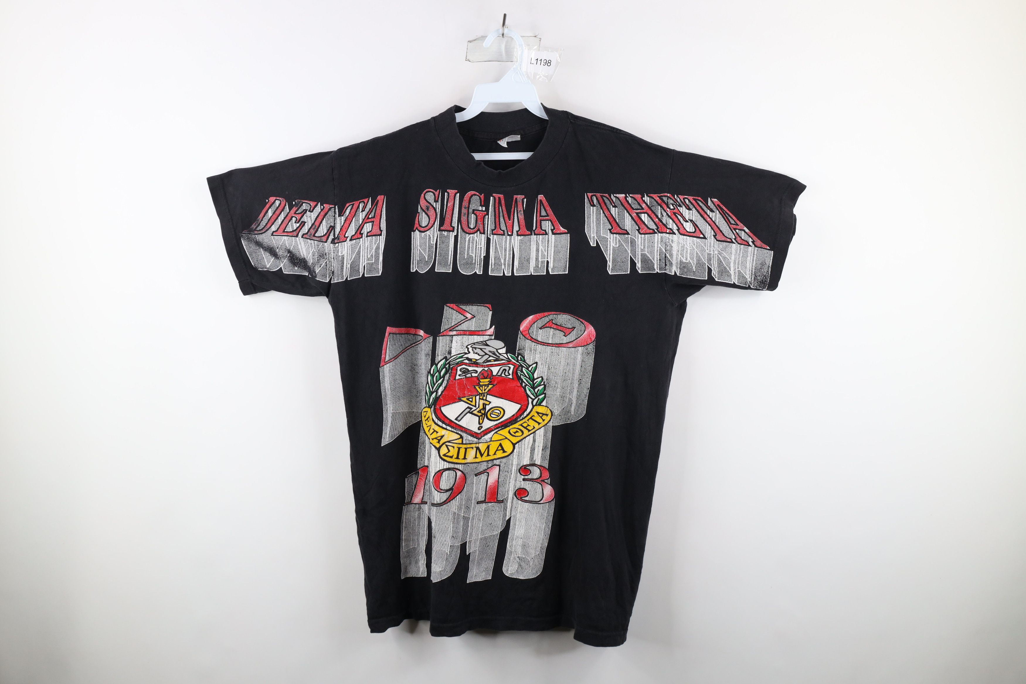 image of Vintage 90's Spell Out Delta Sigma Theta Sorority T-Shirt in Black, Women's (Size XL)