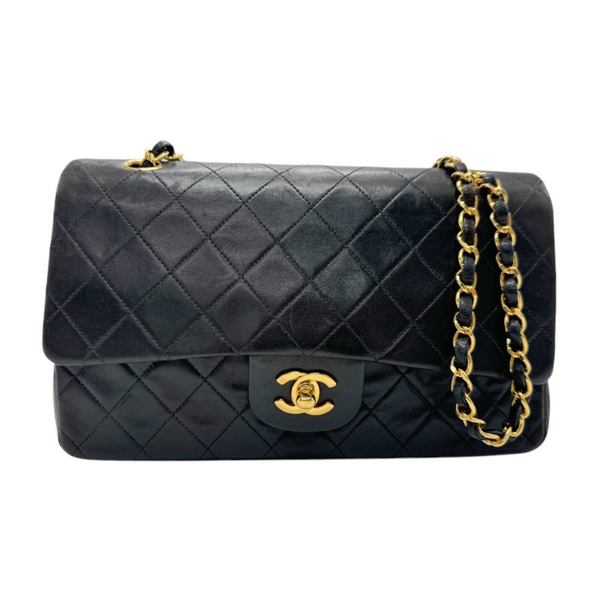 CHANEL Shoulder Bag Double Flap Matelasse Lambskin Black Gold