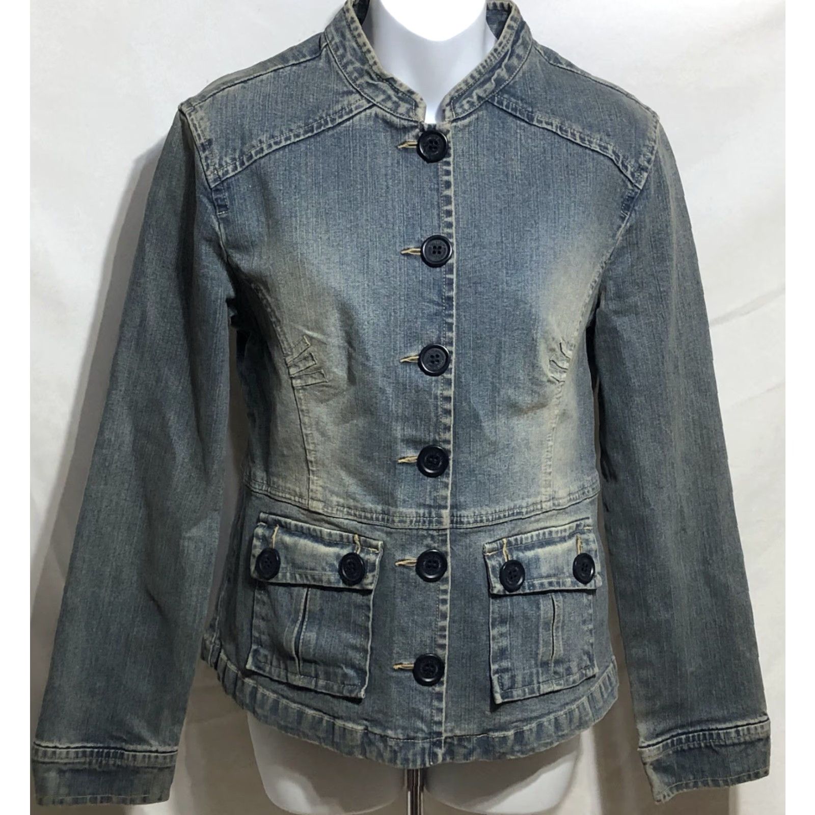Vintage VINTAGE Union Bay Blue Jean Jacket L Mock Collar Pockets Stretch Denim Grunge Trucker Size 36" / US 14 / IT 50 - 8 Thumbnail