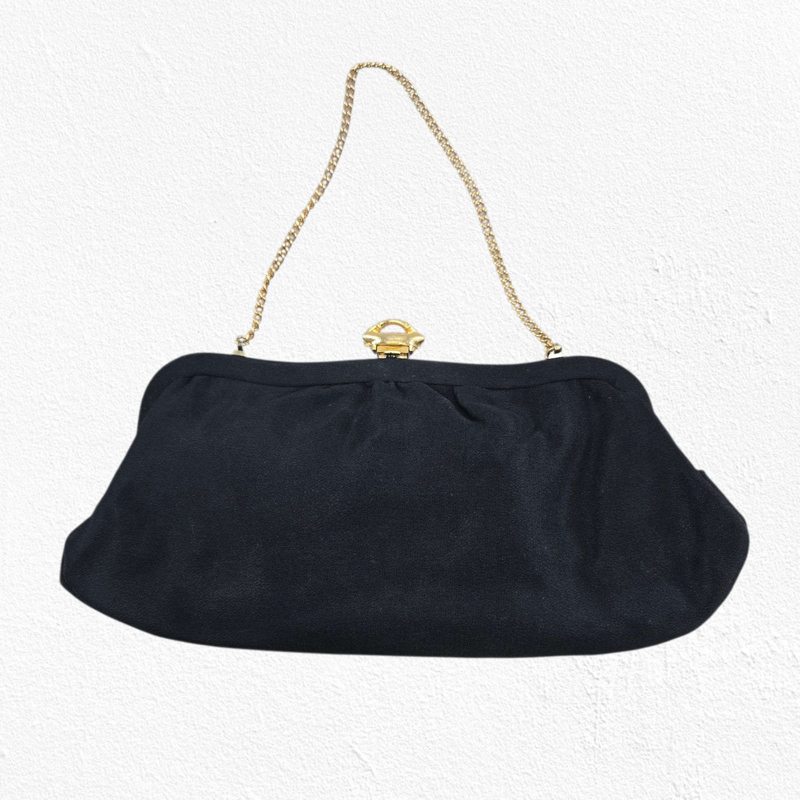 Vintage 1960s Black Evening Bag Gold Clasp Chain Handle Size ONE SIZE - 10 Thumbnail