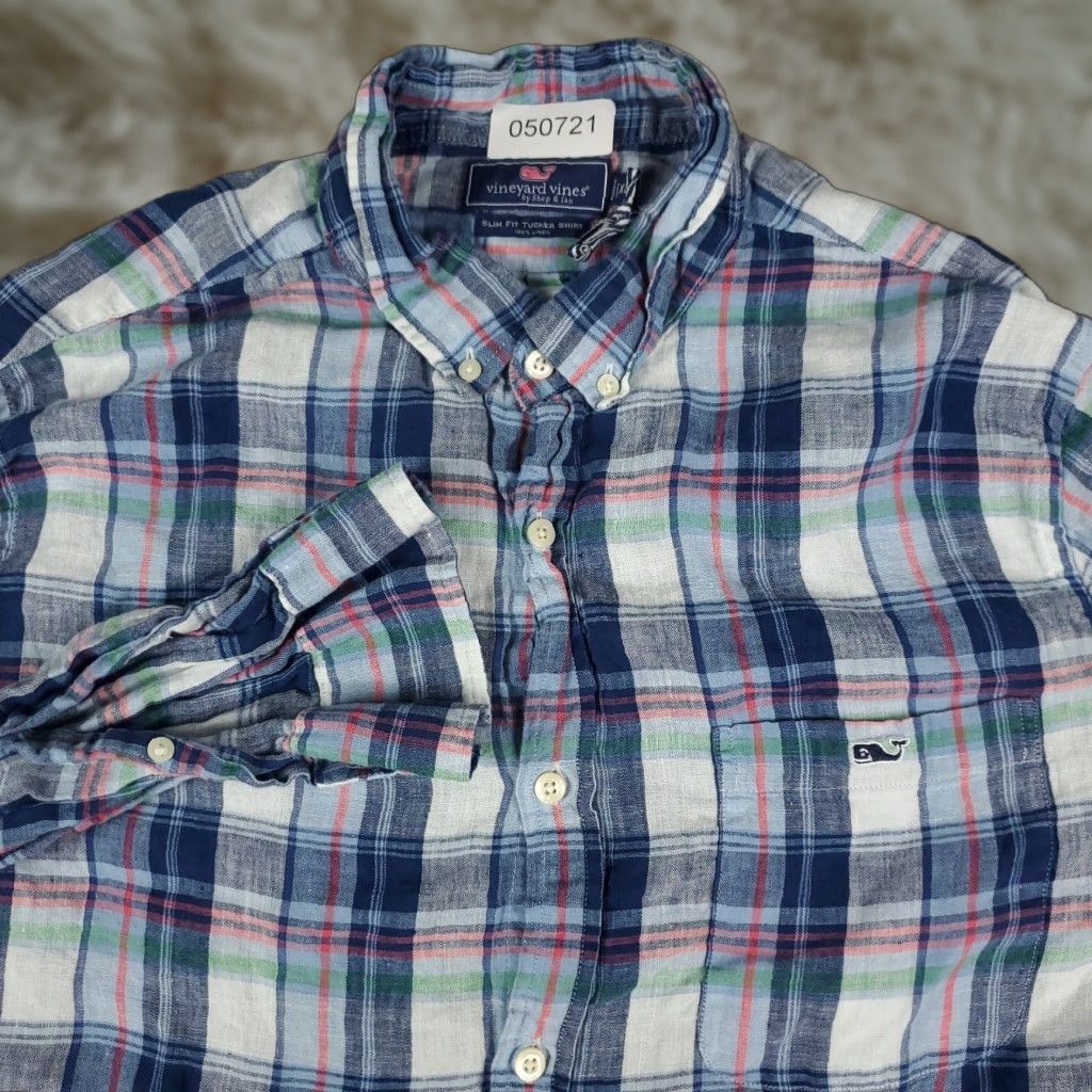 Vineyard Vines Vineyard Vines Shirt Mens XL Blue Plaid Linen Slim Fit Button-Up Long Sleeve Size US XL / EU 56 / 4 - 1 Thumbnail
