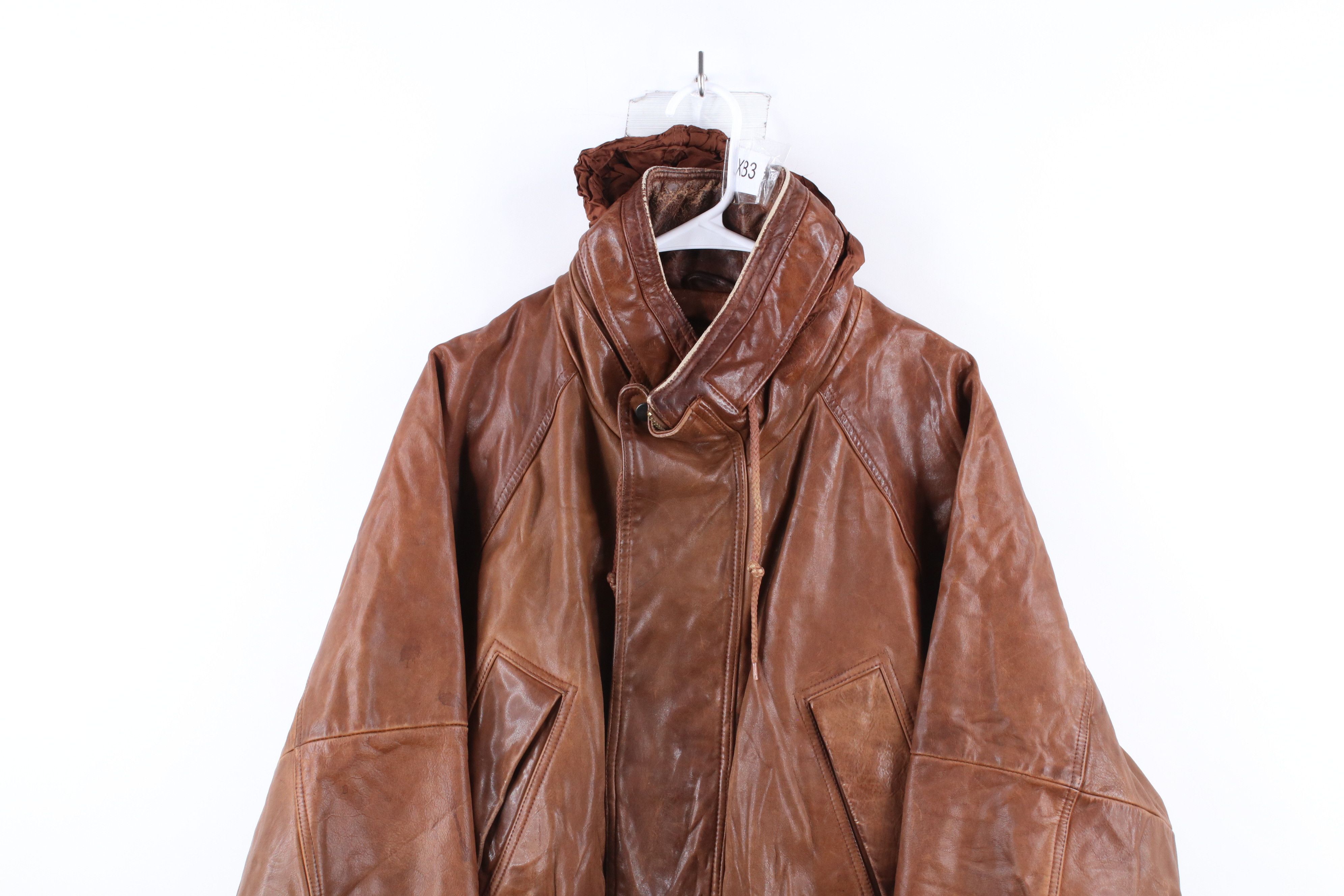Vintage Vintage 90s Streetwear Hooded Leather Bomber Jacket Brown Size US XL / EU 56 / 4 - 2 Thumbnail
