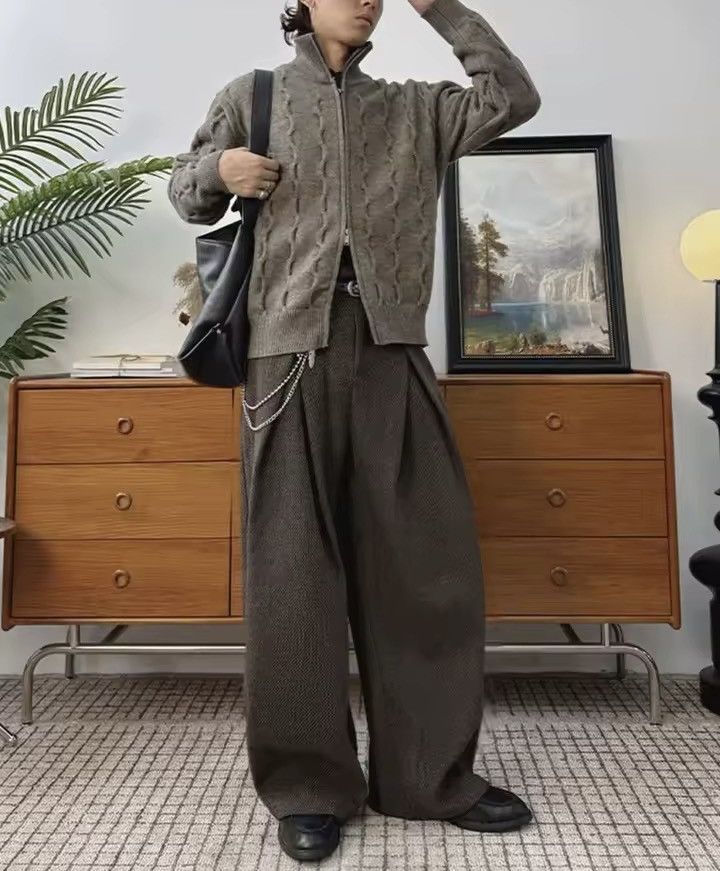 Other Casual Loose Woolen Brown Retro Style School Pants Size US 31 - 3 Thumbnail