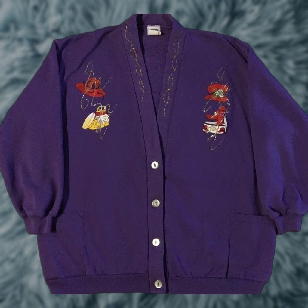 Vintage Vtg 80s Faded Glitter Art Cardigan Sweatshirt XL USA Hoodie Women's Purple 90s Grunge Nature Boxy Cardigan Size XL / US 12-14 / IT 48-50 - 1 Thumbnail