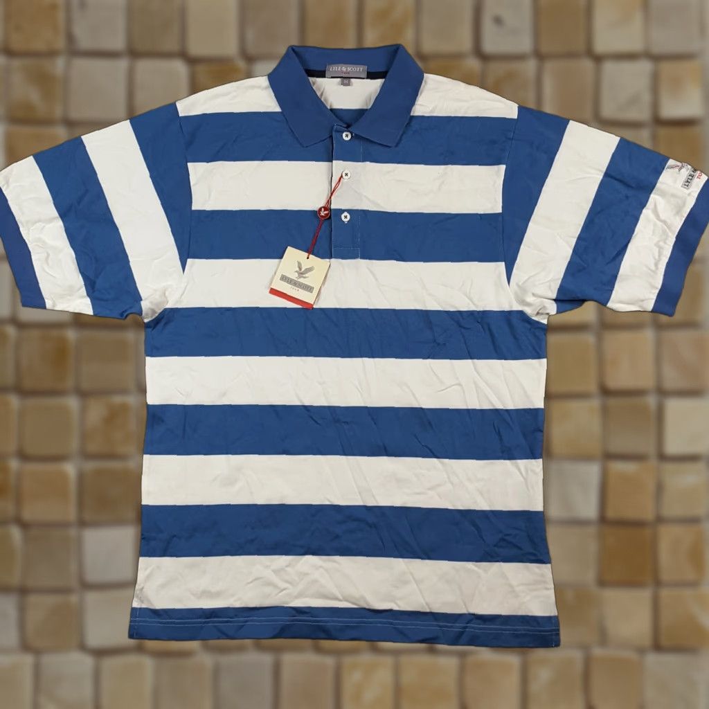 Lyle & Scott VINTAGE Lyle & Scott Polo Shirt Men’s M Striped Surf Blue Collared Short Sleeve Knitted Cotton 90s Preppy Skater Shirt Size US M / EU 48-50 / 2 - 1 Thumbnail