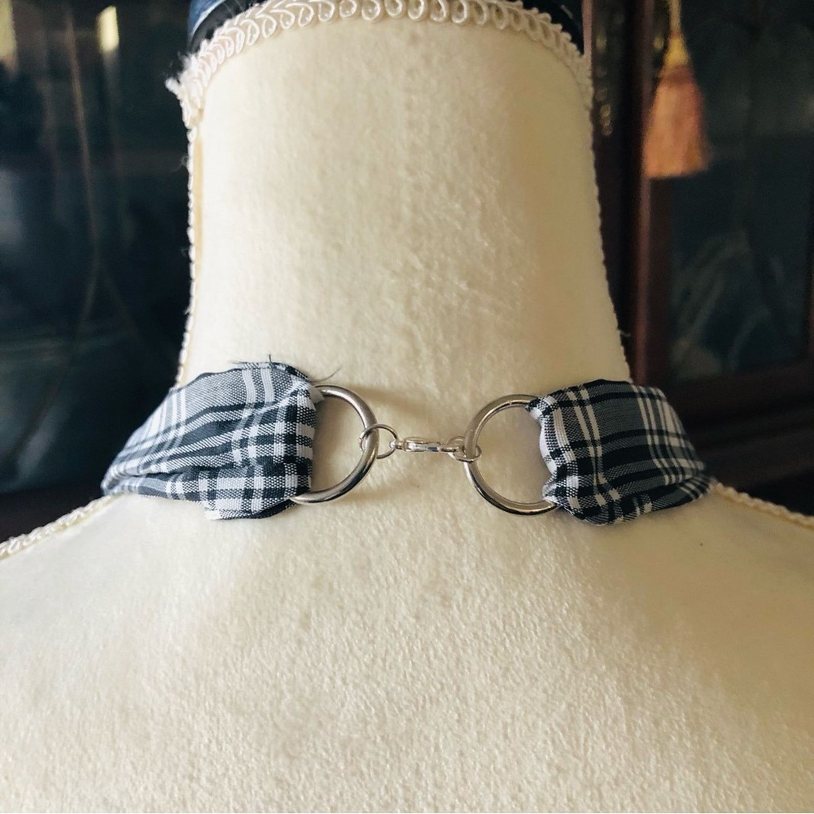 Handmade Country Girl black and white plaid fabric bead necklace Size ONE SIZE - 6 Thumbnail