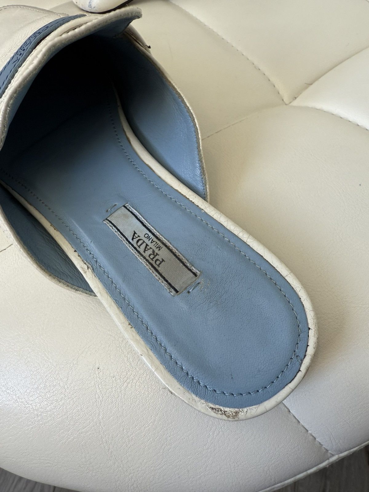 Prada Prada White Leather Backless Loafers Mules Blue Logo Detail Size US 9 / IT 39 - 7 Thumbnail