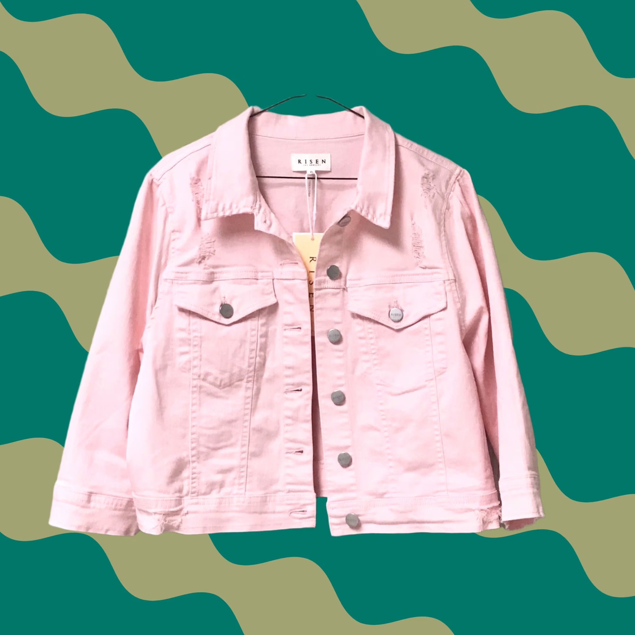 Denime Risen Women Denim Jacket 3/4 Sleeve Cropped Soft Pink XL Button Collared Pocket Stretch Casual Distressed Distressed? Size XL / US 12-14 / IT 48-50 - 1 Thumbnail