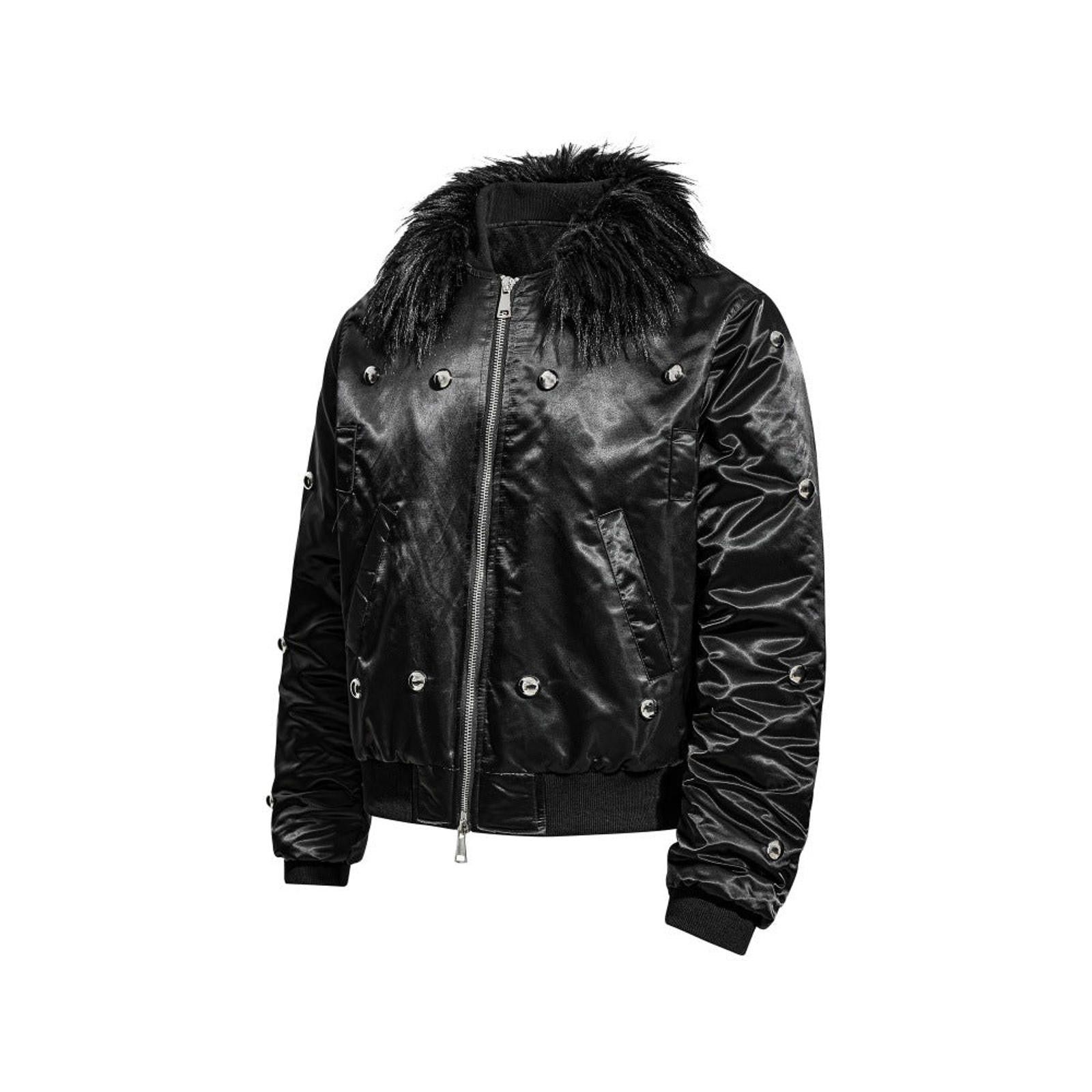 Japanese Brand Black Satin Bomber Jacket with Fur Collar and Studs Size US M / EU 48-50 / 2 - 5 Thumbnail