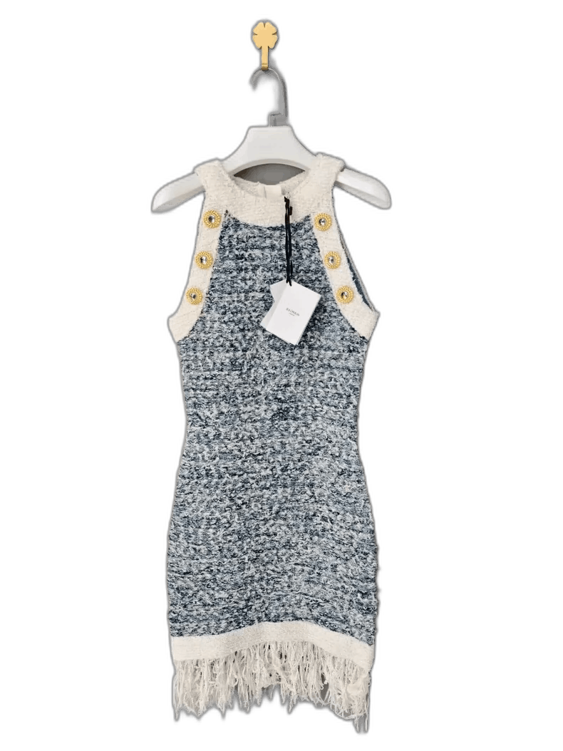 Balmain fringed denim tweed sleeveless dress Size US 36 / EU 52 - 1 Thumbnail