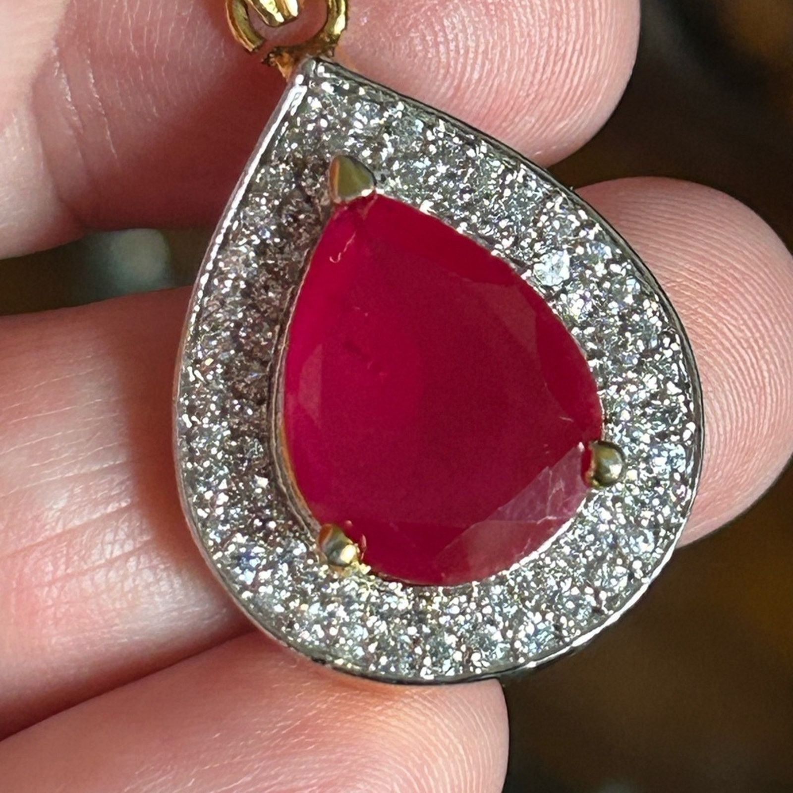 Vintage Teardrop natural oriental ruby cz halo gold vermeil pendant Size ONE SIZE - 13 Thumbnail