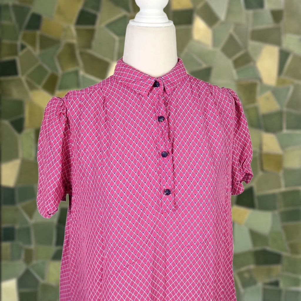 IWC Schaffhausen VINTAGE 80s Jane Schaffhausen Pink Grid Print Loose Midi Dress 8 Women Shirt Dress Short Puff Sleeve 80s Theme, Pink, Multi-Pattern Bath, Belle France Size M / US 6-8 / IT 42-44 - 1 Thumbnail