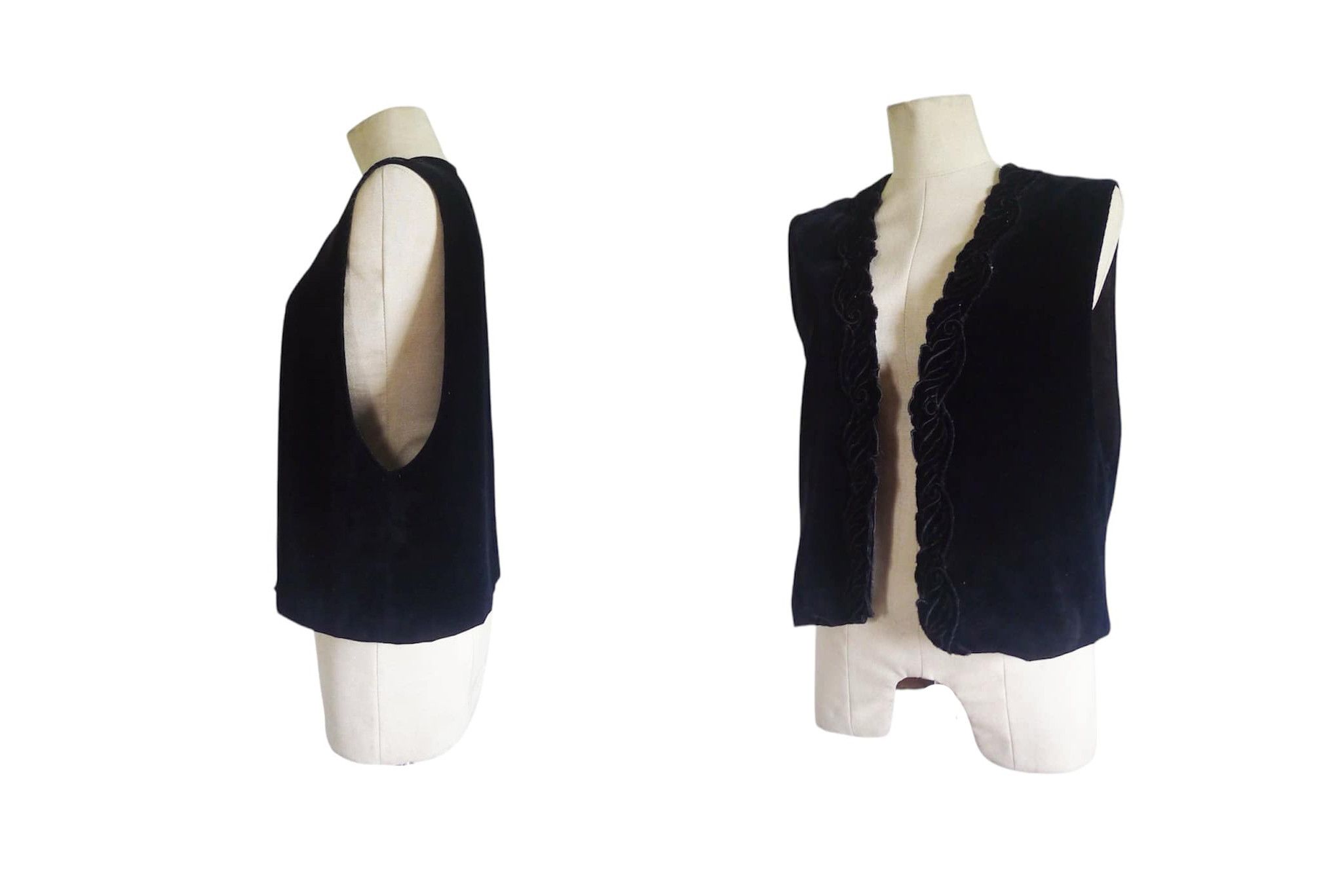 Vintage Black Velvet Woman open Vest Scallop trim, Western Size ONE SIZE - 3 Thumbnail