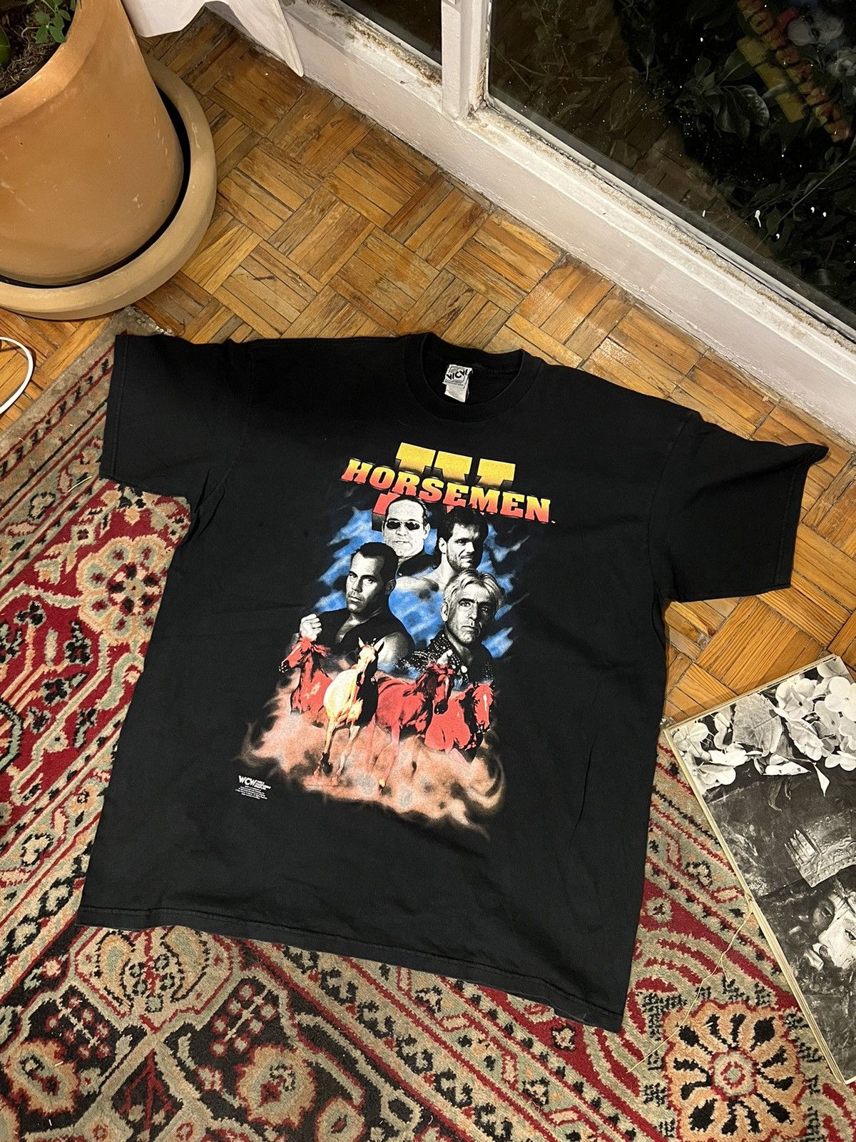 image of Vintage x Wcwnwo 1998 Iv Horsemen 4 Ric Flair Ole Arn Anderson Tully Tee in Black, Men's (Size 2XL)