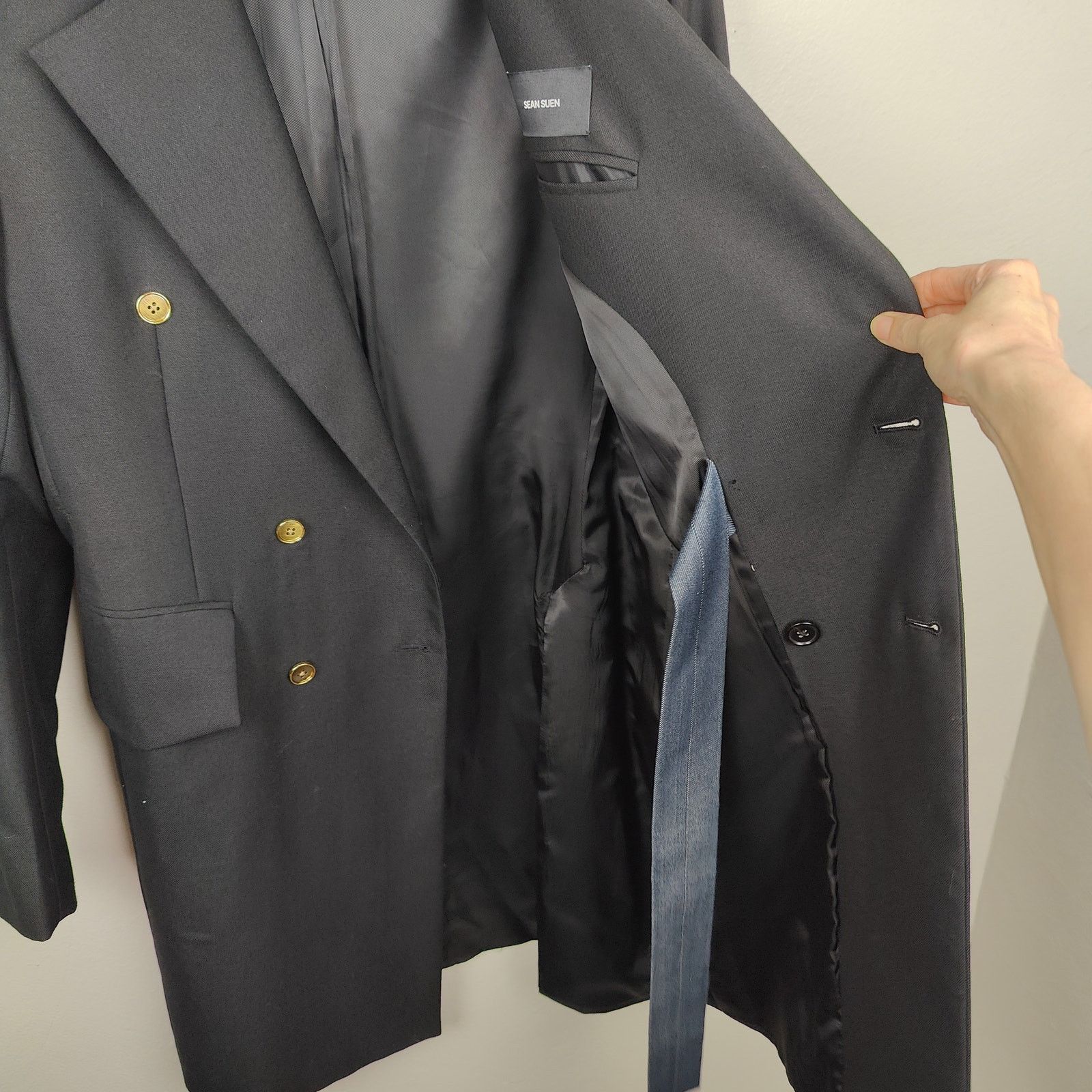 Sean Suen Sean Suen Coat Men 38 Black Denim Belted Coat Mixed Media Size 38R - 7 Thumbnail