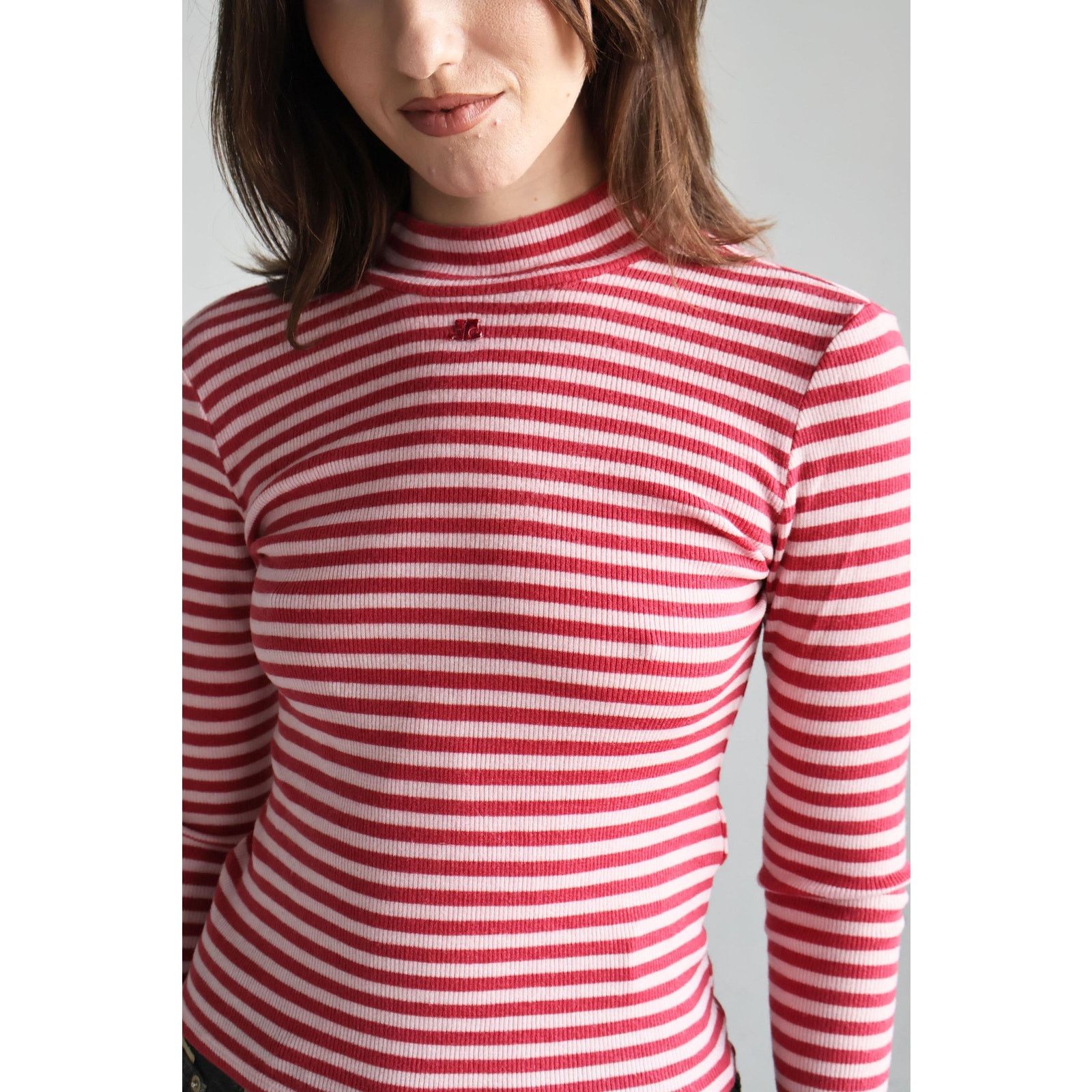 Courreges Vintage Courrèges Pink + Red Ribbed Striped Mock Neck Top Size M / US 6-8 / IT 42-44 - 2 Thumbnail