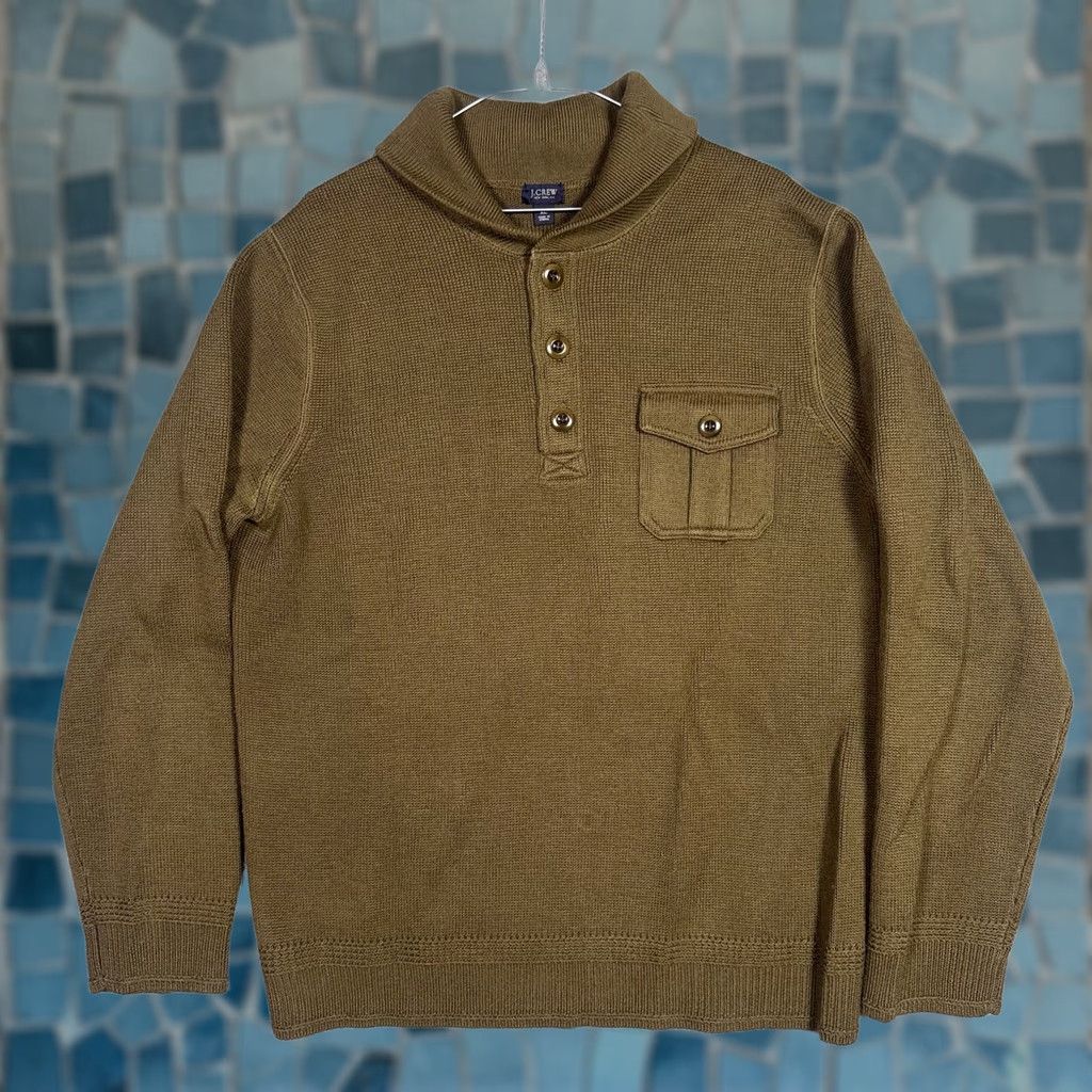 J.Crew VINTAGE J.CREW Sweater Mens XL 100% Wool Shawl Neck Jumper Military Drab Army Henley Knit Pullover Mens Gift Size US XL / EU 56 / 4 - 1 Thumbnail