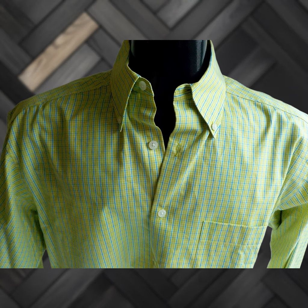 Talbots VINTAGE TALBOTS Mens Long Sleeve Button Down Plaid Shirt Lime Turquoise White Cotton M NWT Size US M / EU 48-50 / 2 - 1 Thumbnail