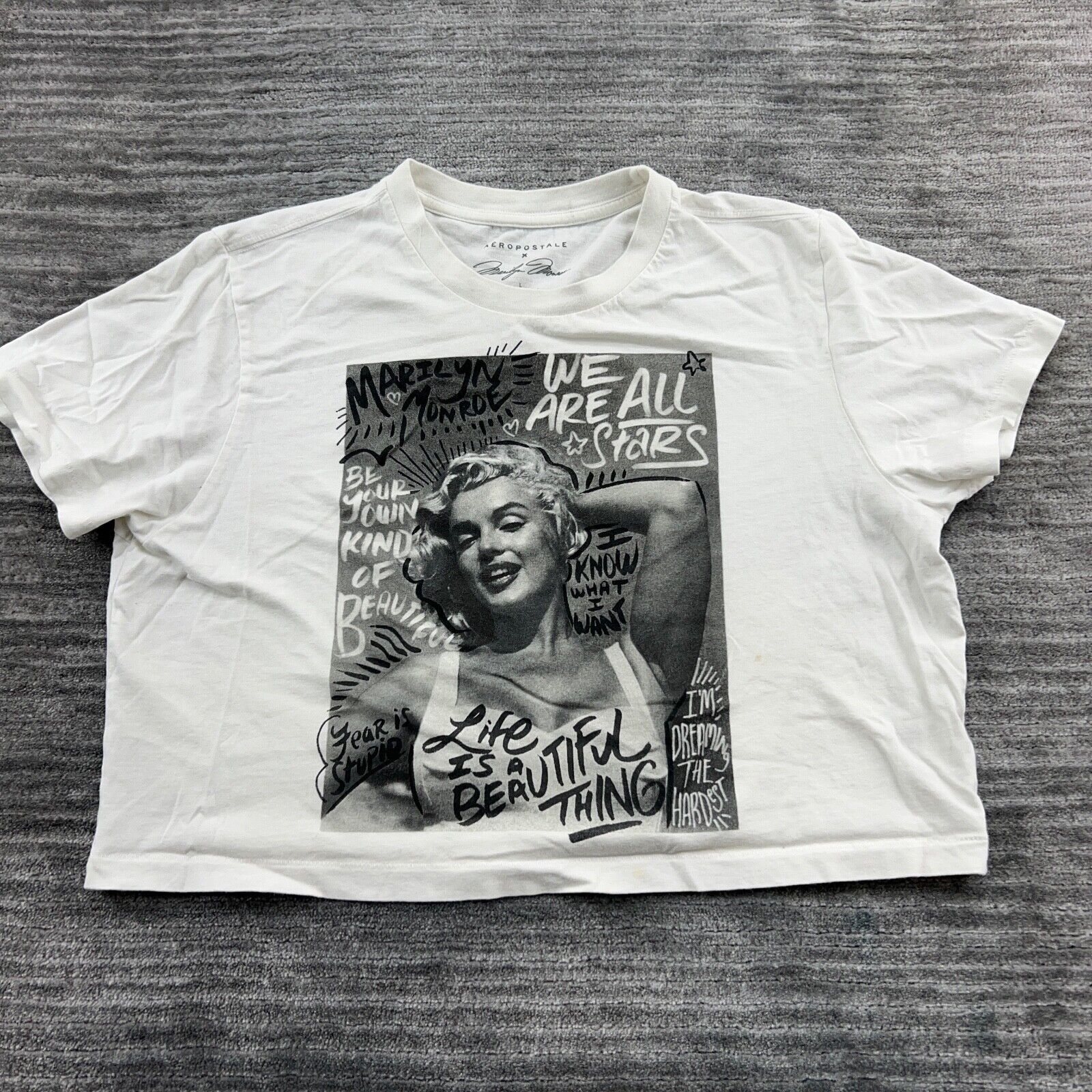 Aeropostale Marilyn Monroe Shirt Sz L Womens Crop Top Life Is A Beautiful  Thing White Large