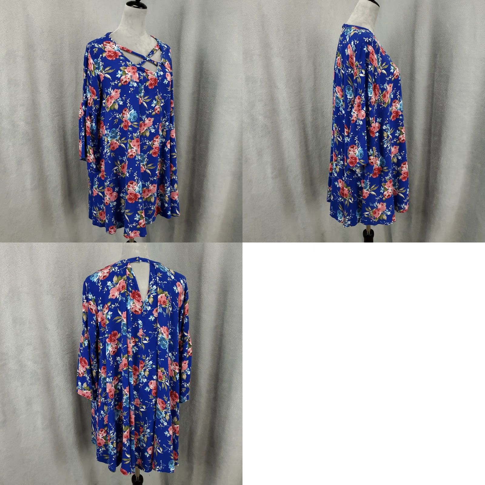 Vintage Womens Tunic Top XL Blue Floral Boho V-Neck Straps 3/4 Sleeve Crochet Criss Cross Neckline Blouse Shirt Size XL / US 12-14 / IT 48-50 - 8 Thumbnail
