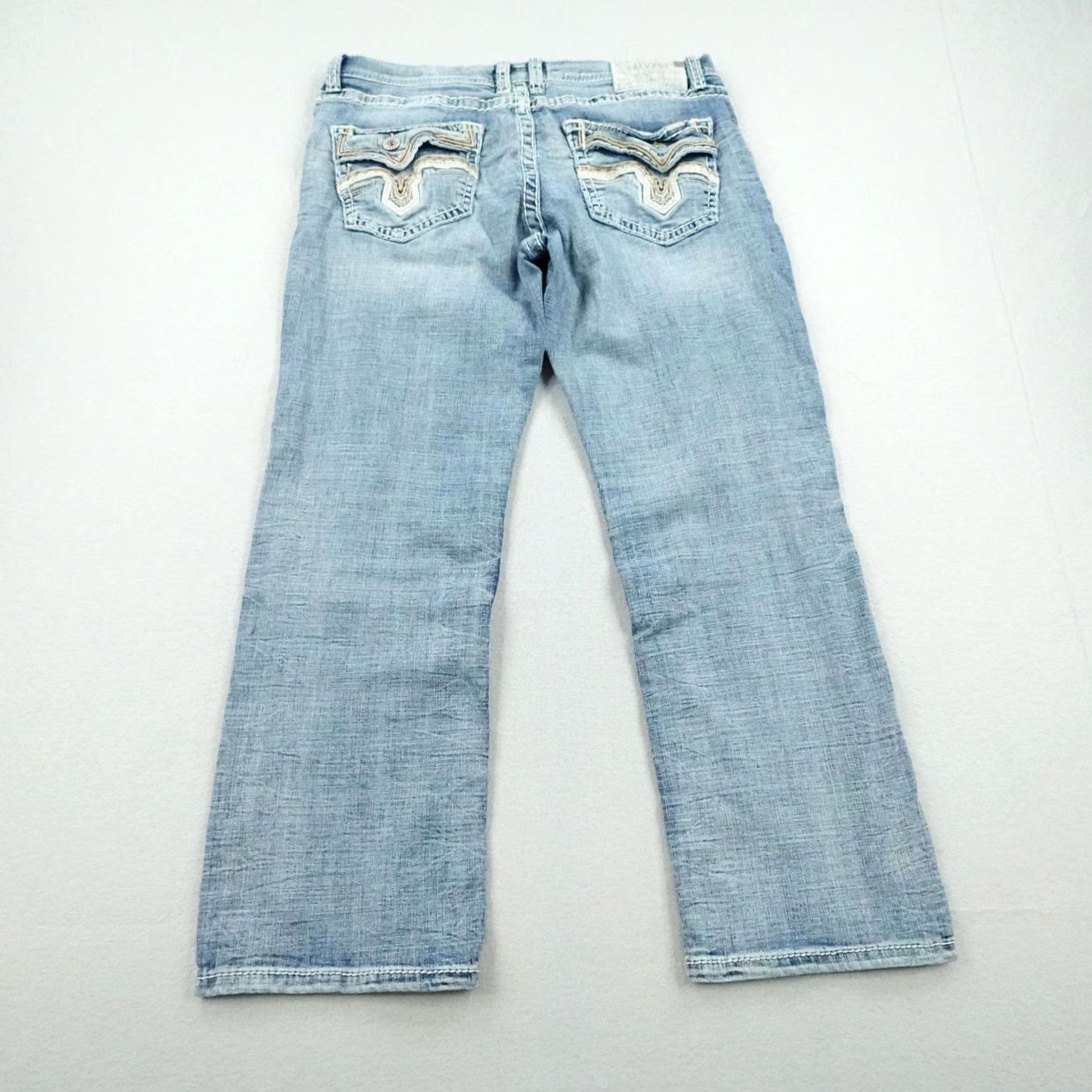 Vintage Salvage Supply Co Jeans Mens 36x30 Blue Denim Mayhem Bootcut Distressed Buckle Size US 36 / EU 52 - 4 Thumbnail