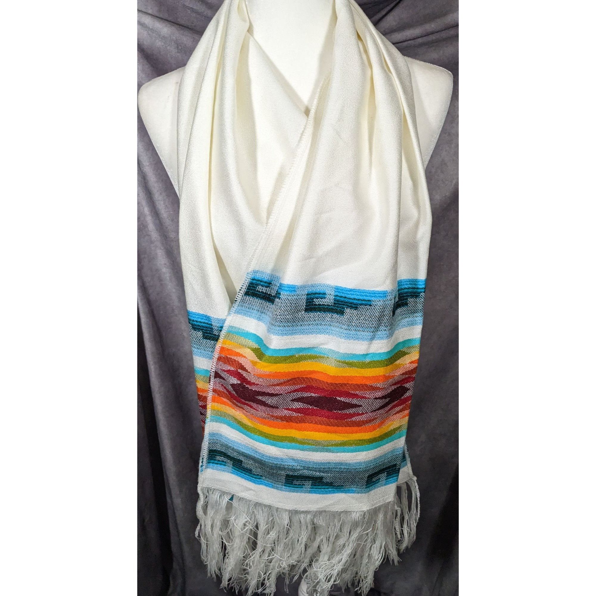 Other Handwoven Southwestern White And Rainbow Scarf With Fringe Size ONE SIZE - 6 Thumbnail
