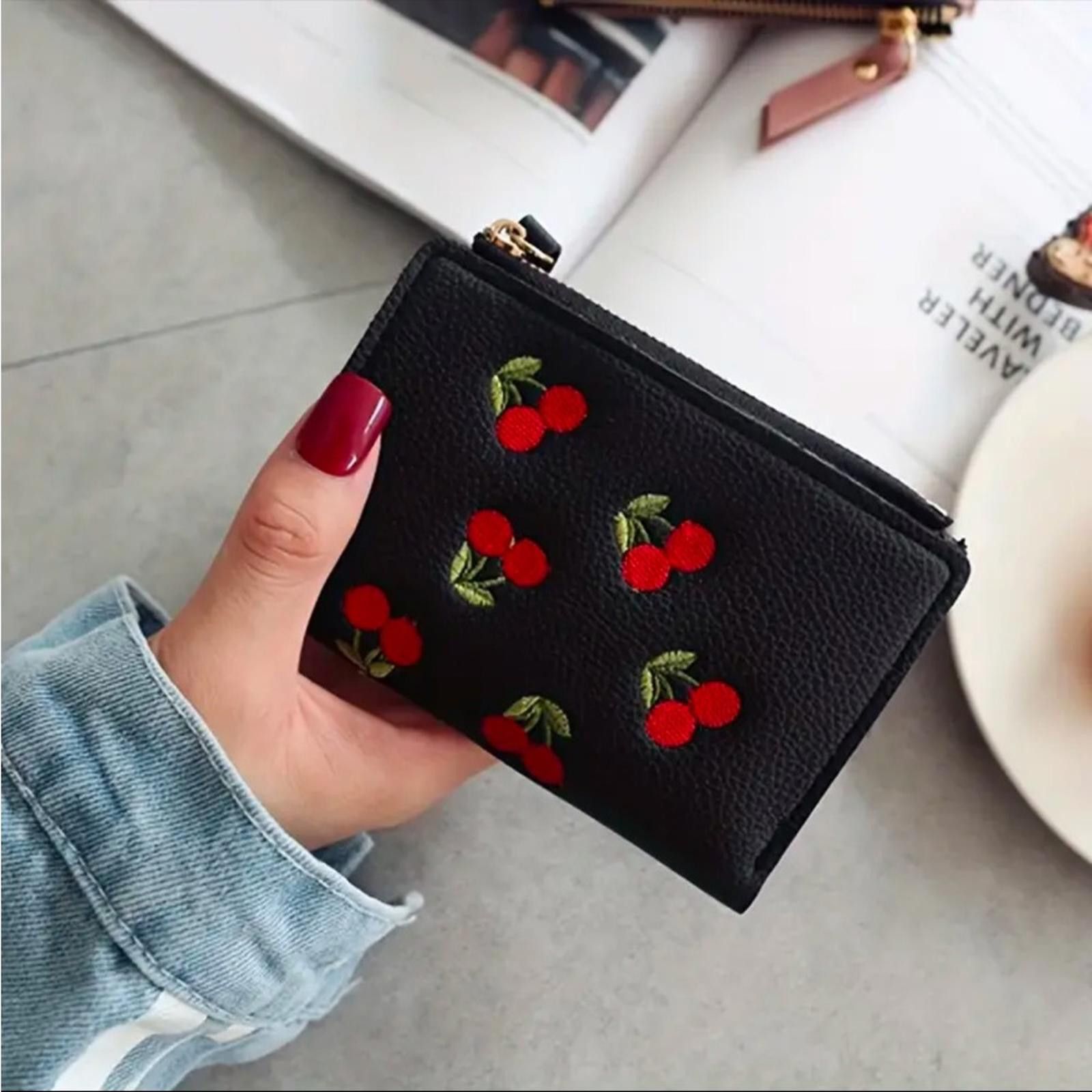 Designer Black Cherry Embroidered Vegan Leather Wallet Size ONE SIZE - 2 Thumbnail