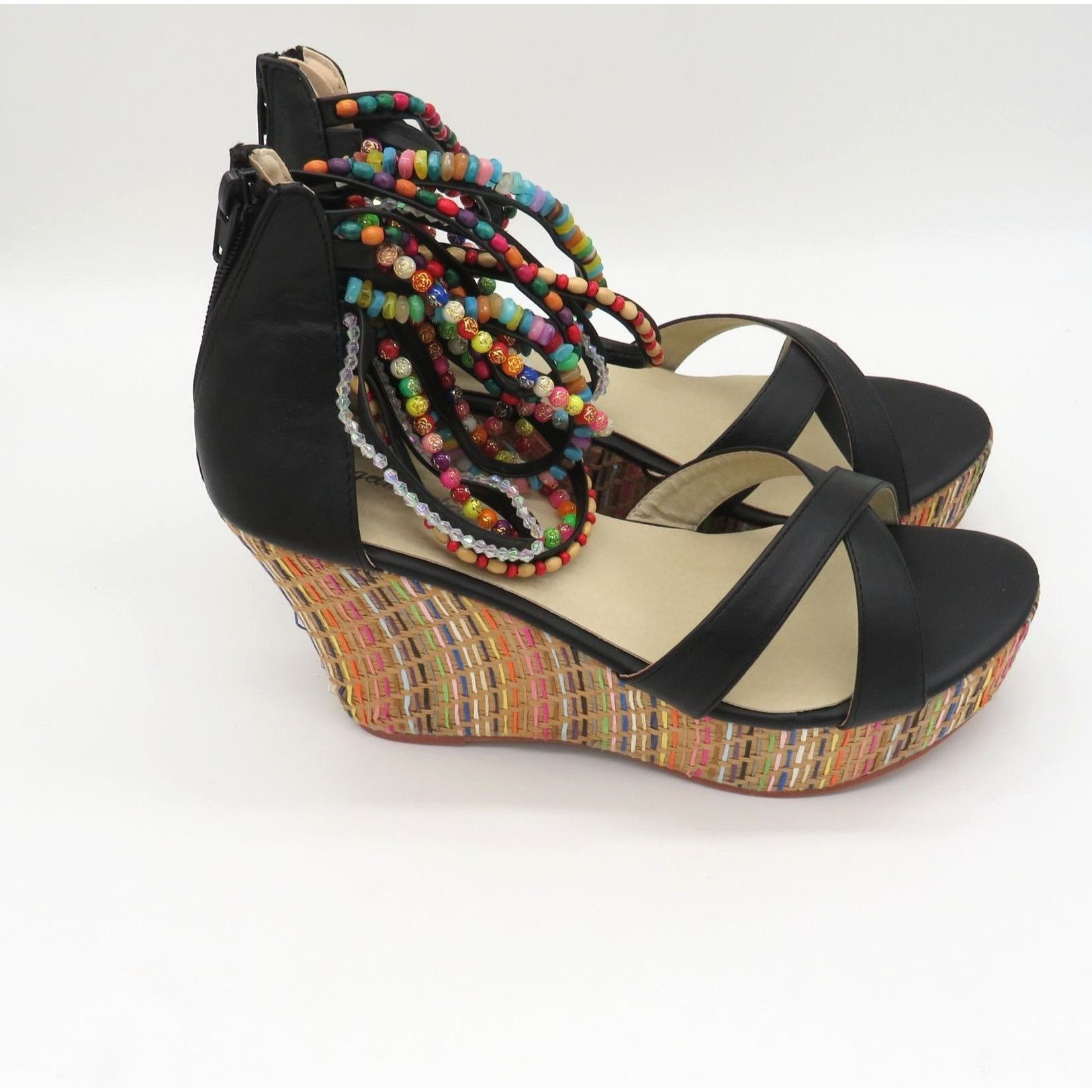 Other Get More Beauty Women's Black Wedge Sandals Multicolor Beade Size US 10 / IT 40 - 1 Thumbnail