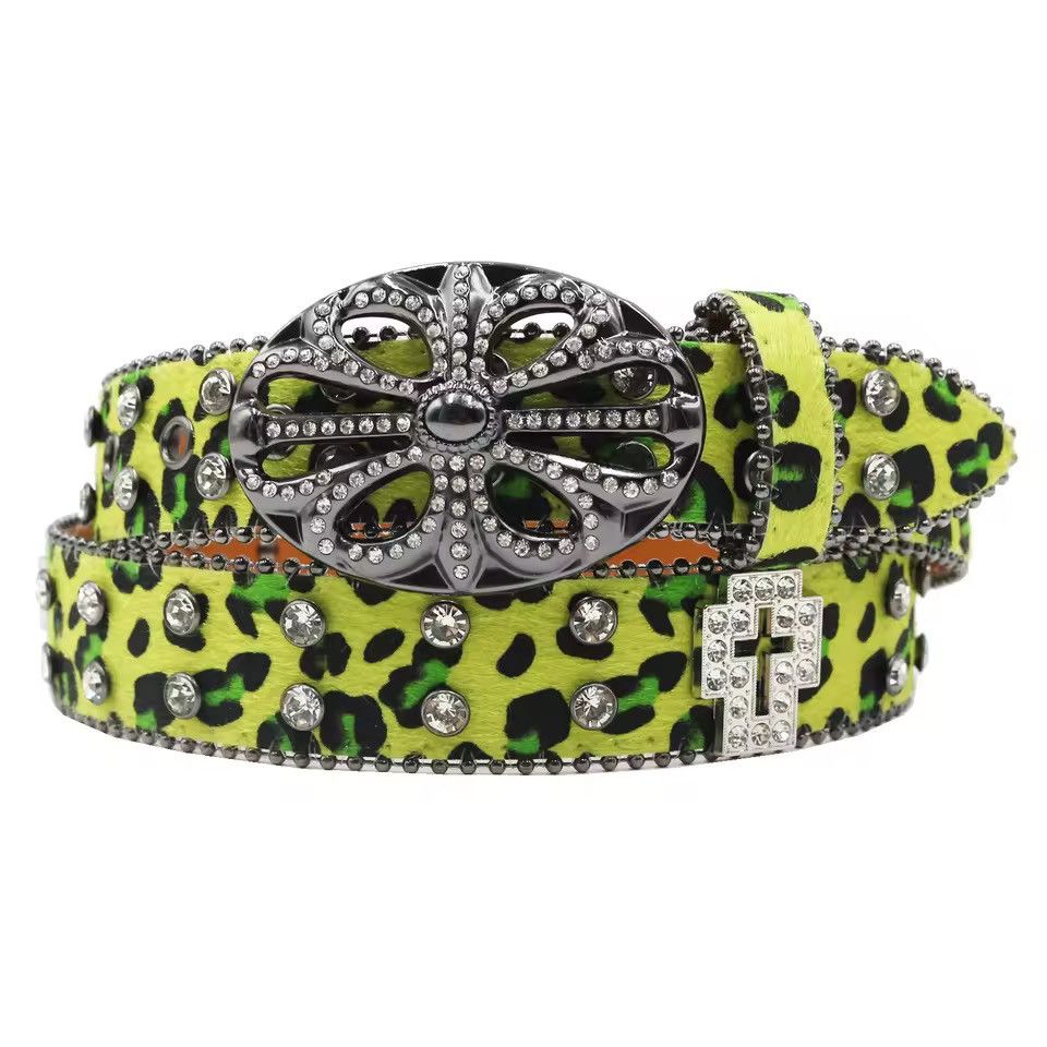 125 Cm Blingleopard Print Rhinestone Pu Leather Belt Y2K in Green, Men’s