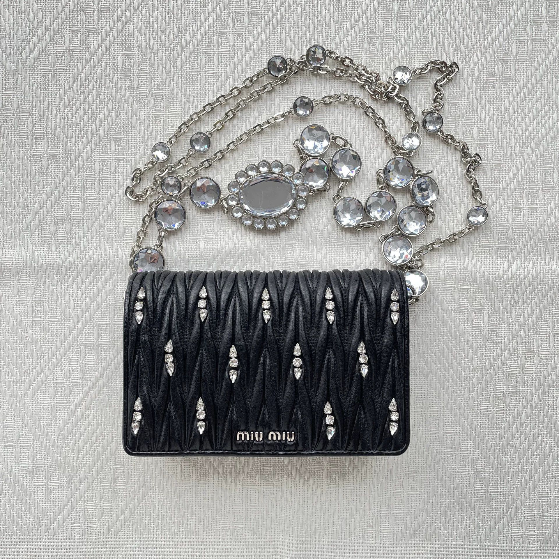Miu Miu MIU MIU Womens Black Pleated Crystal Chain Bag 18x12x5 Extra Size ONE SIZE - 1 Thumbnail