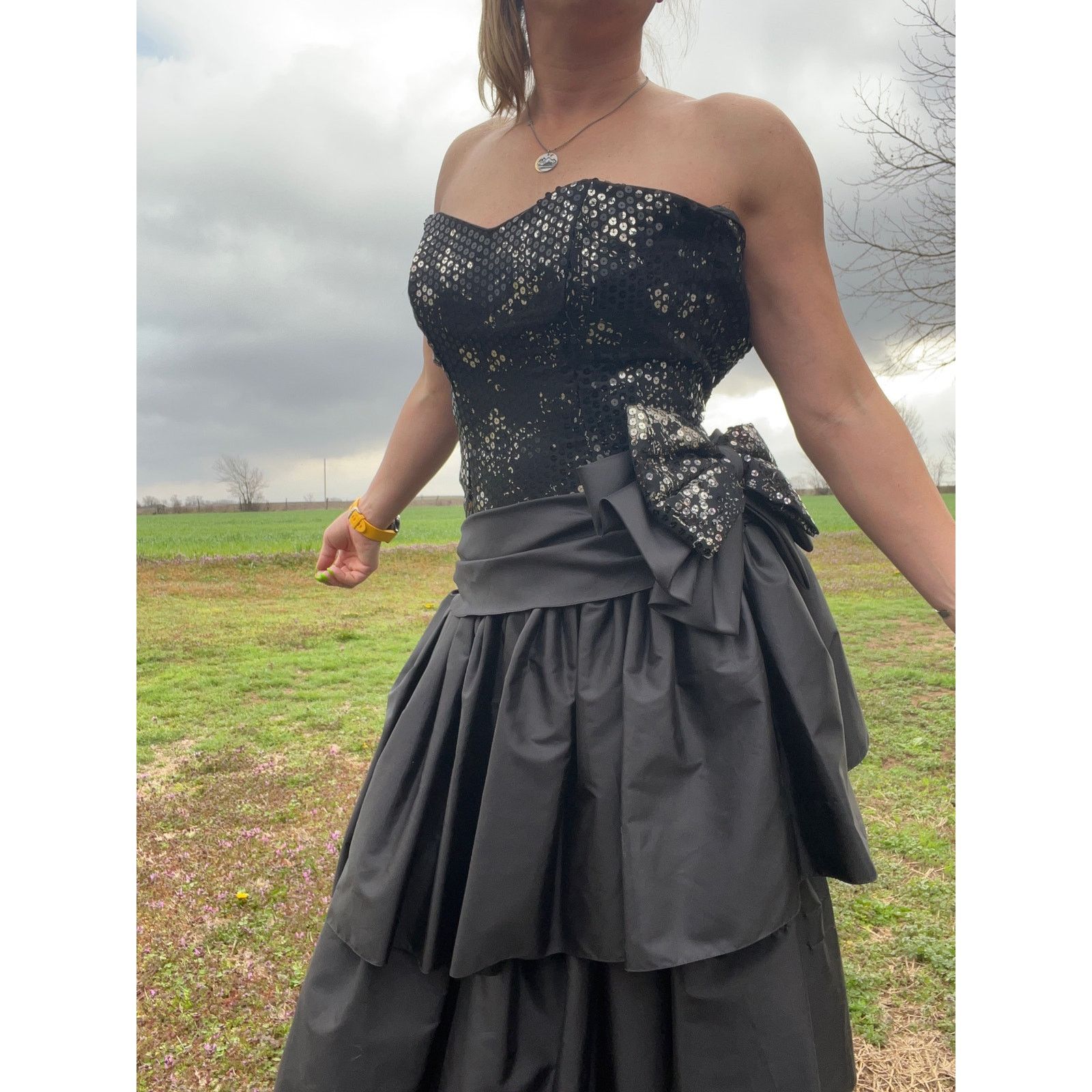 image of Vintage 80's Black Sweetheart Ruffles Bow Sequin Tiered Prom Dress Sm, Women's (Size Small)