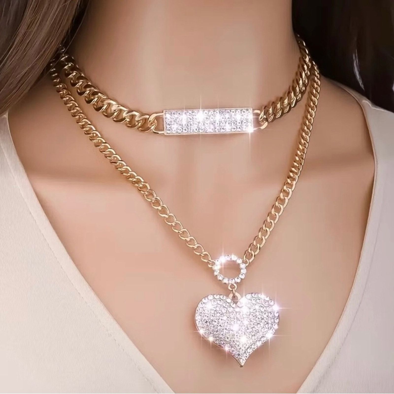Jewelry European style two piece clear stone gold necklace set NEW Size ONE SIZE - 1 Thumbnail