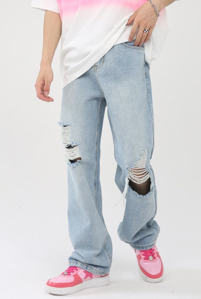 Designer × Japanese Brand Men's loose washed straight ripped jeans Size US 32 / EU 48 - 3 Thumbnail