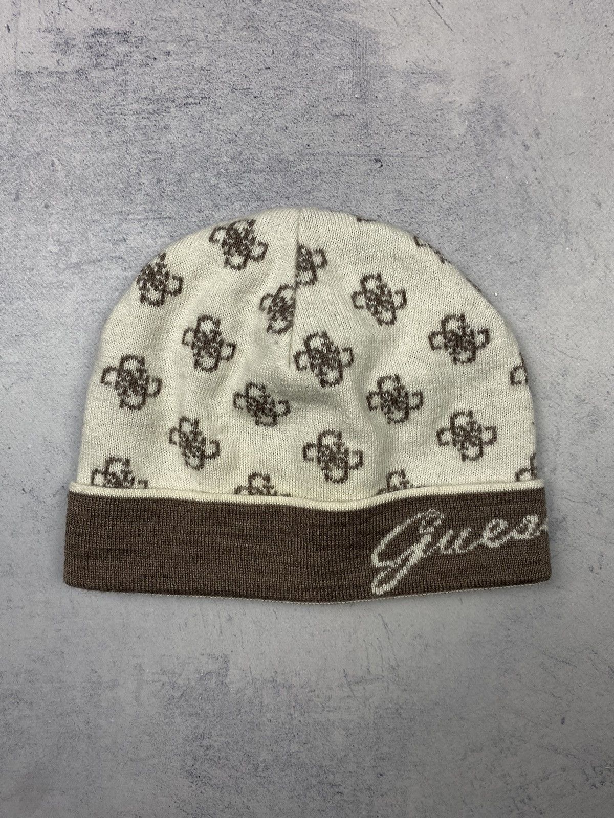 Guess GUESS 4G Logo Print Beanie Hat Brown Cream Monogram Knit Size ONE SIZE - 2 Thumbnail