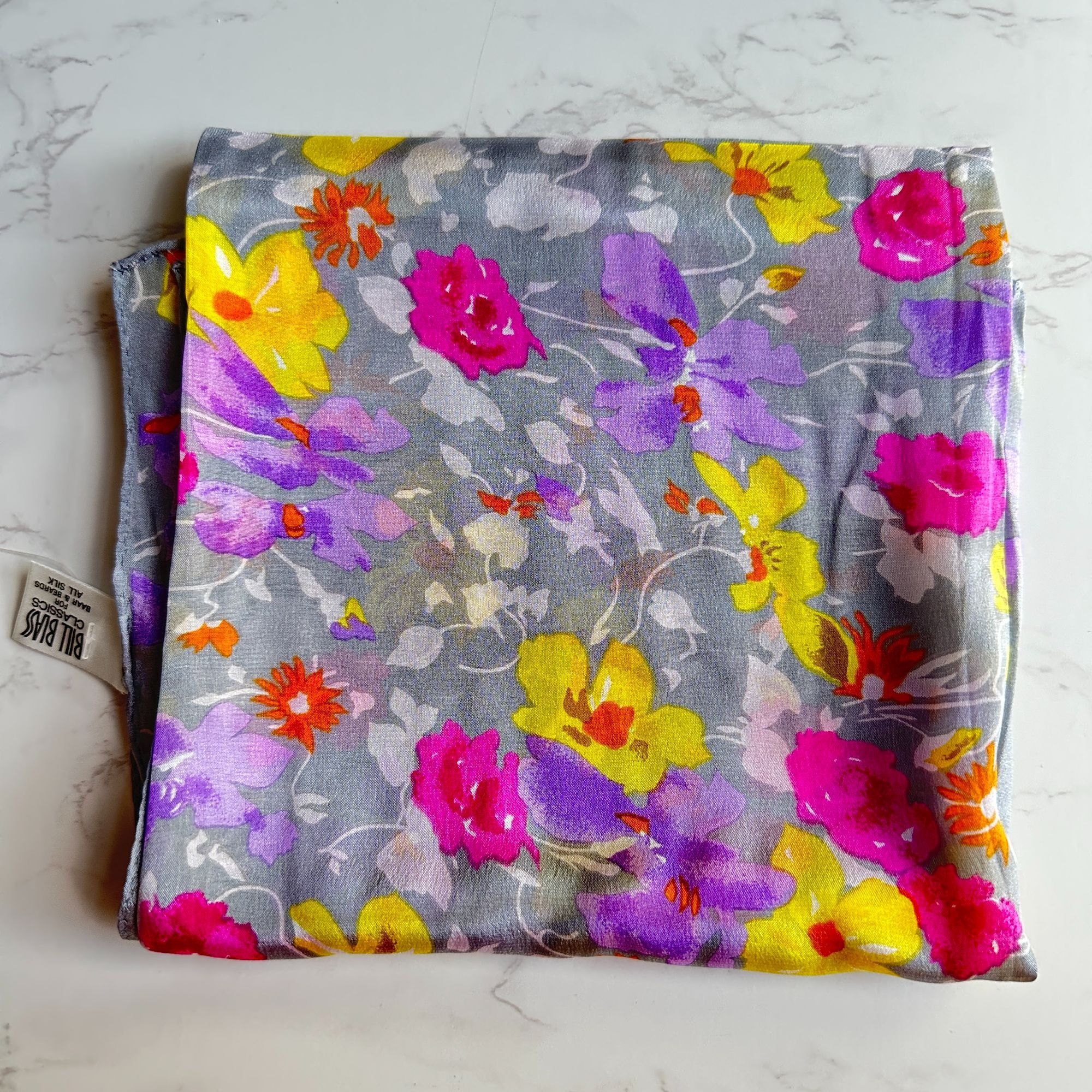Bill Blass Bill Blass Silk Scarf, Gray Floral Square, 27x27, Vintage Ba Size ONE SIZE - 1 Thumbnail