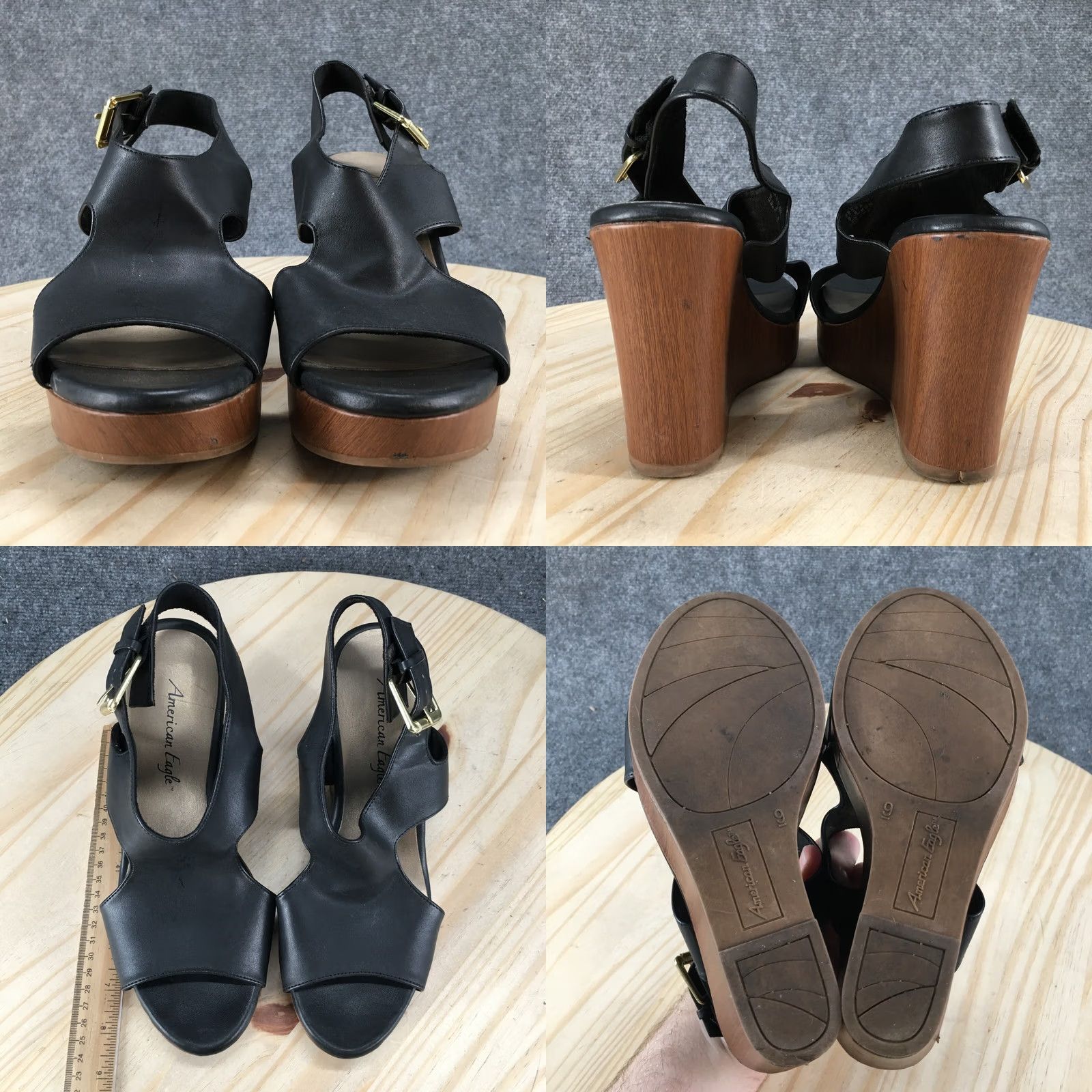 Vintage American Eagle Sandals Womens 9 Slingback Black Faux Leather Casual Wedge Heels Size US 9 / IT 39 - 9 Thumbnail