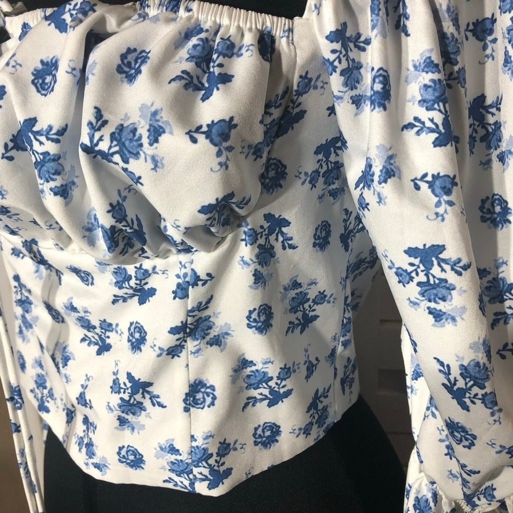 Vintage Y2K boho Cropped Top Tie Trumpet Sleeves Floral Blue White M Size M / US 6-8 / IT 42-44 - 11 Thumbnail