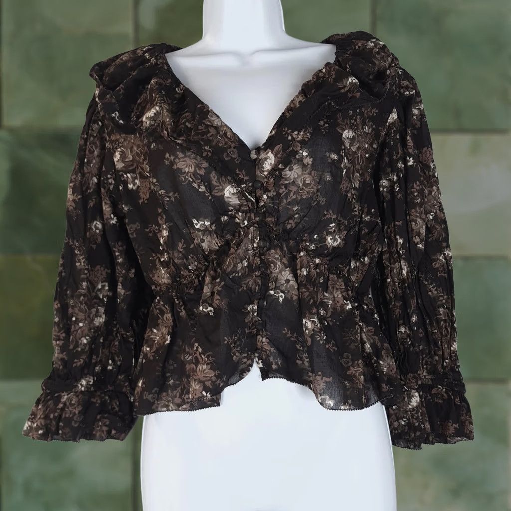 Gap Gap Blouse Womens Medium Brown Floral Ruffle Collar Peplum Sheer V-Neck Button Front Long Sleeve Casual Fall Womens Size M / US 6-8 / IT 42-44 - 1 Thumbnail