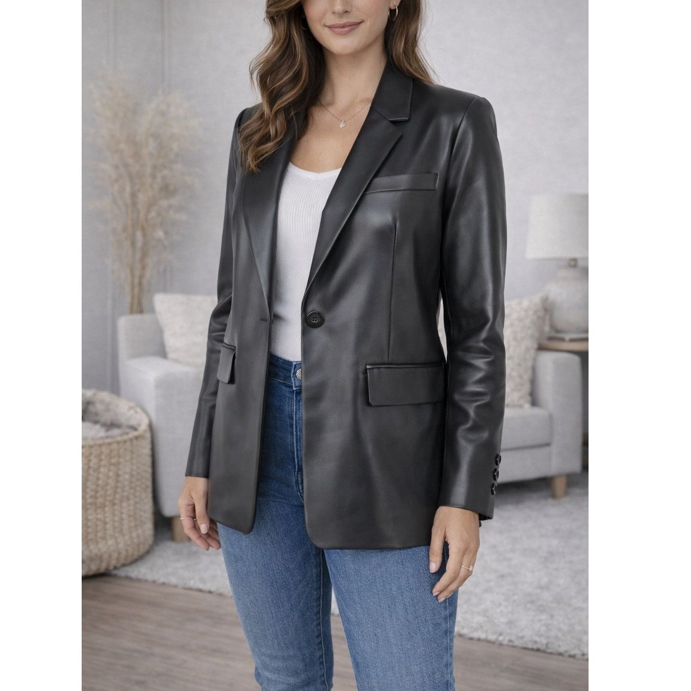 Bcbgmaxazria BCBGMAXAZRIA Black Vegan Leather Blazer Women's Size Large Size L / US 10 / IT 46 - 1 Thumbnail