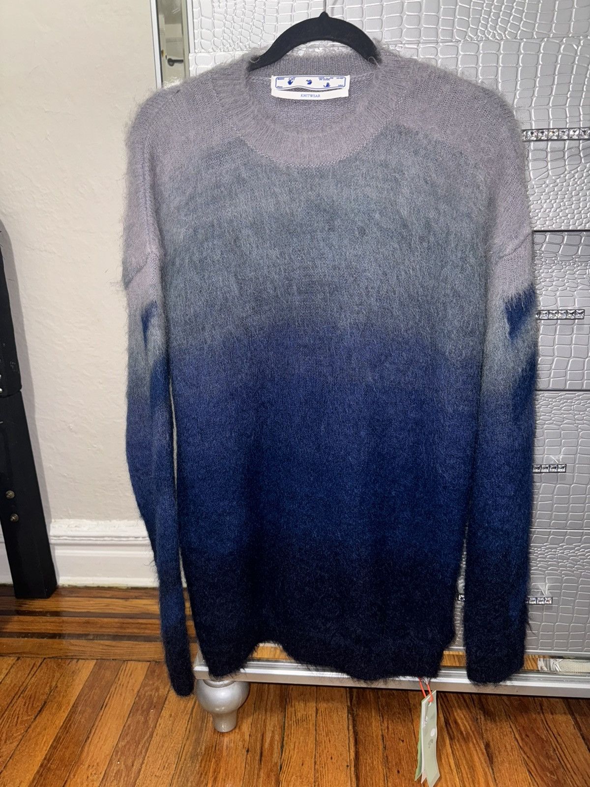 image of Off White Off-White Diag Arrow Brushed Knit Crewneck in Blue, Men's (Size Small)