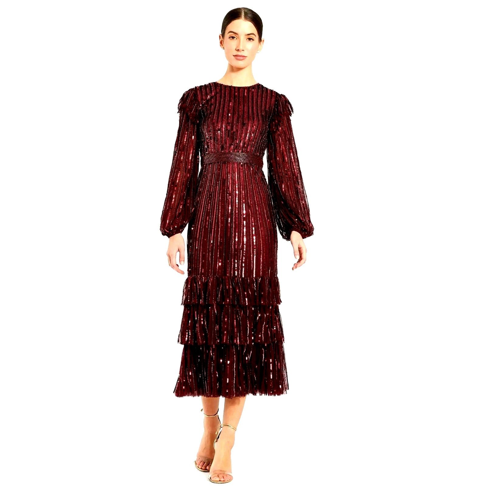 Other Mac Duggal Long Sleeve Ruffle Detail Sequin Dress Red 12 Size XL / US 12-14 / IT 48-50 - 2 Thumbnail