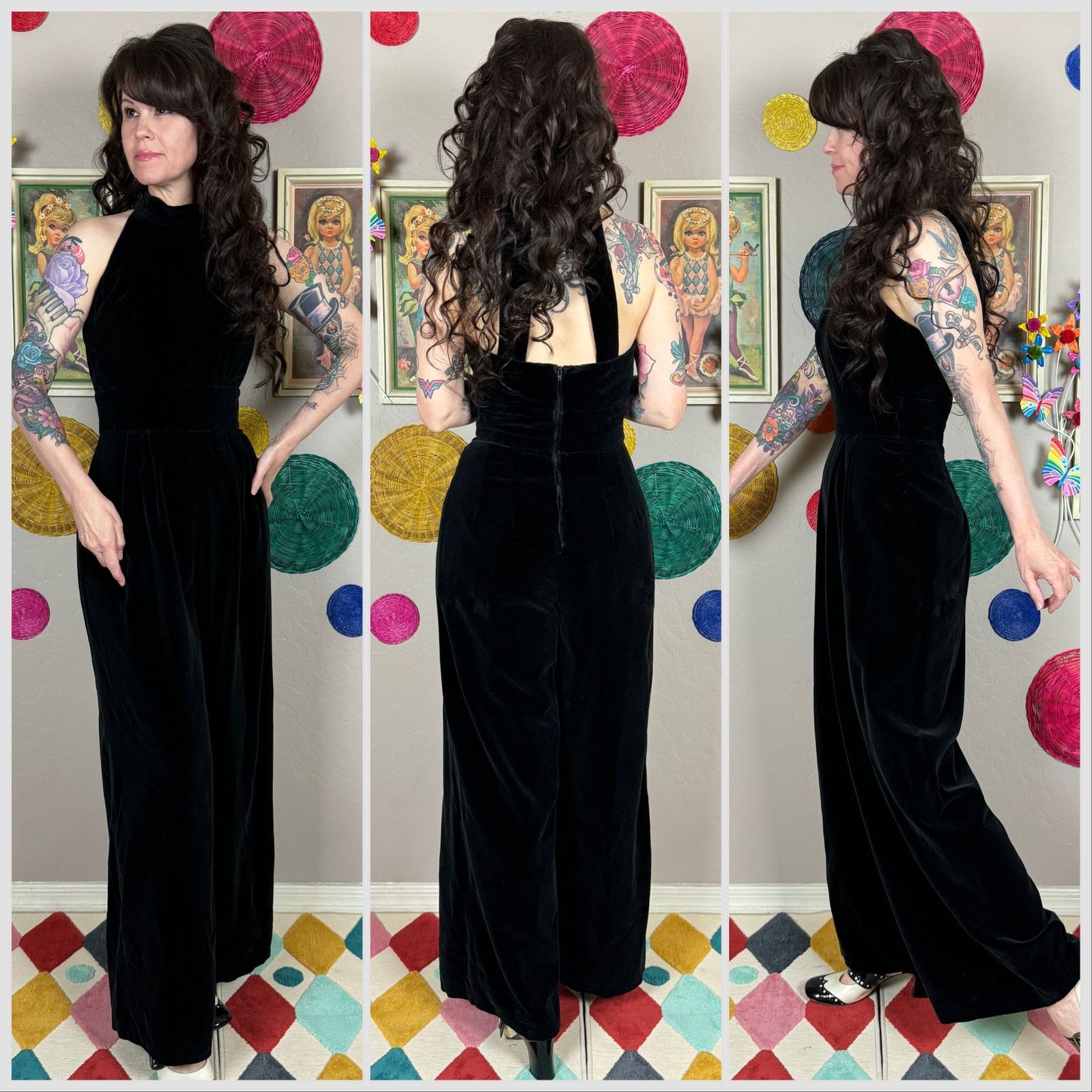 Vintage 1980s Black Velvet Halter Cut Out Back Wide Leg Jumpsuit Size 26" / US 2 / IT 38 - 2 Thumbnail