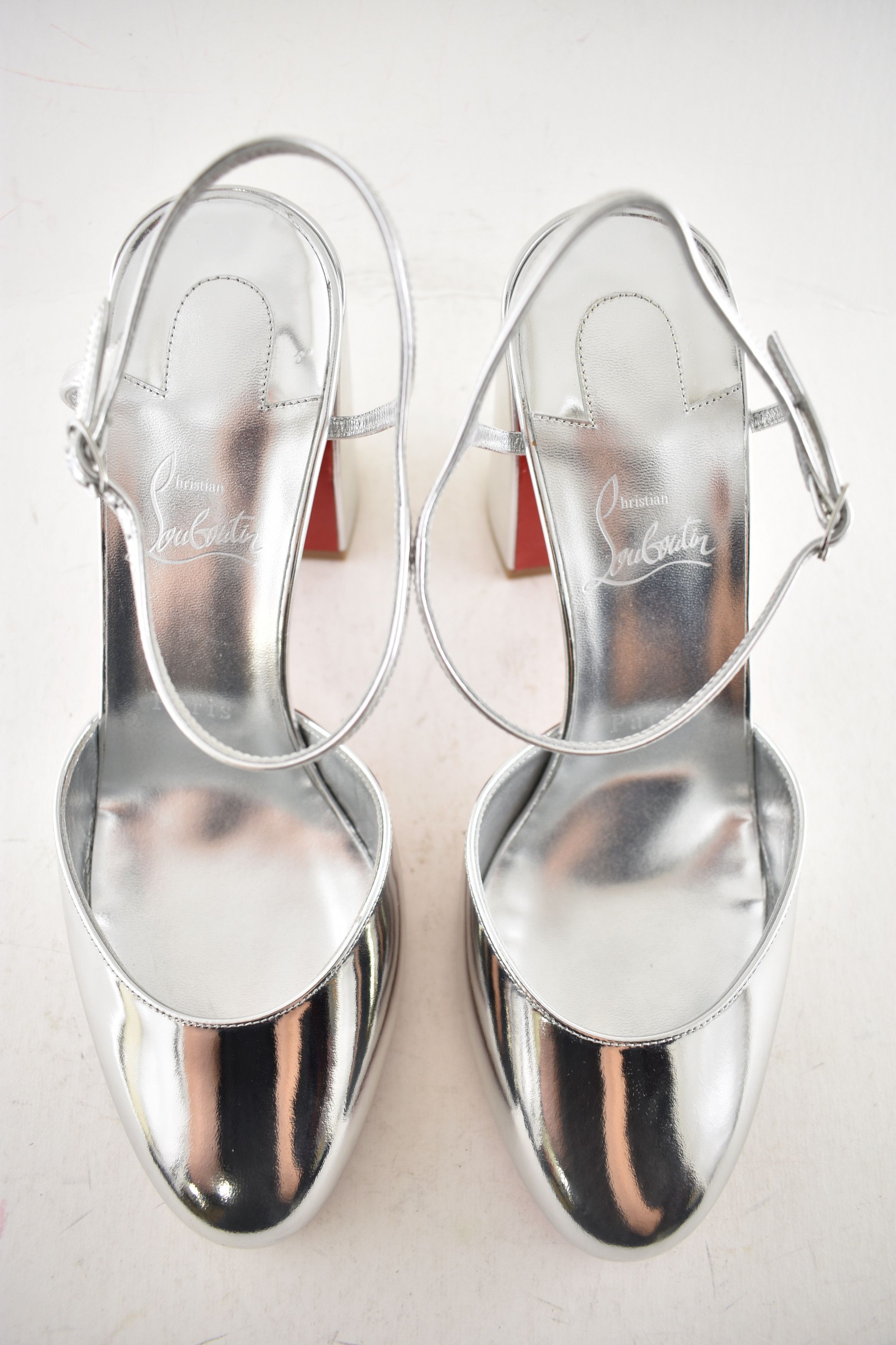 Christian Louboutin Jane Pump 85 Silver Leather Ankle Strap Block Heel Sandal 40 Size US 10 / IT 40 - 10 Thumbnail