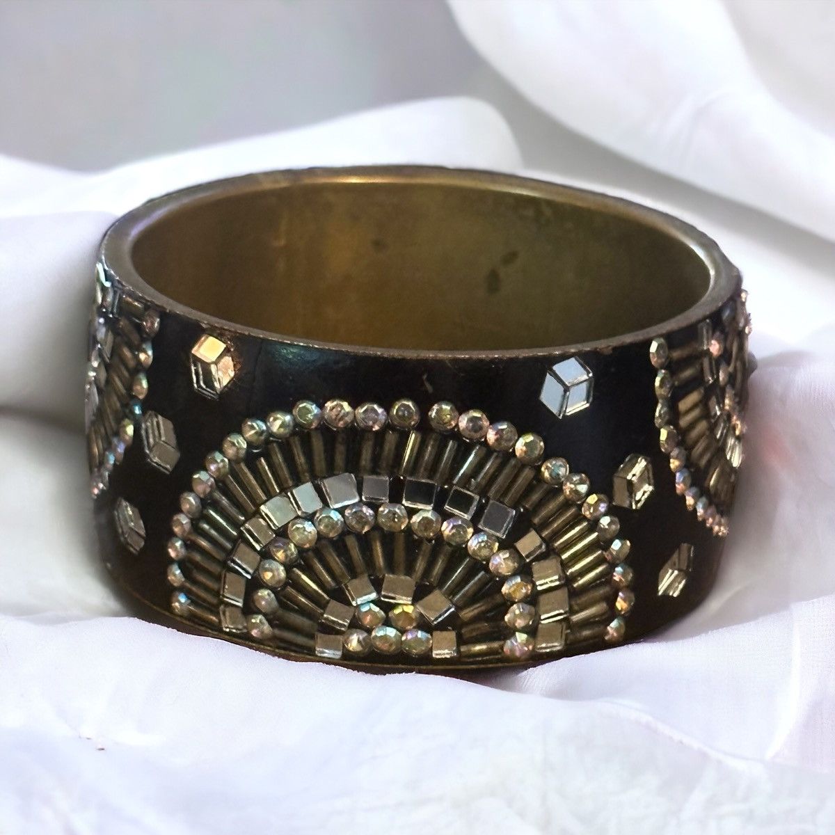 Vintage Vintage chunky brass bangle with AB stones and mirror tiles Size ONE SIZE - 1 Thumbnail